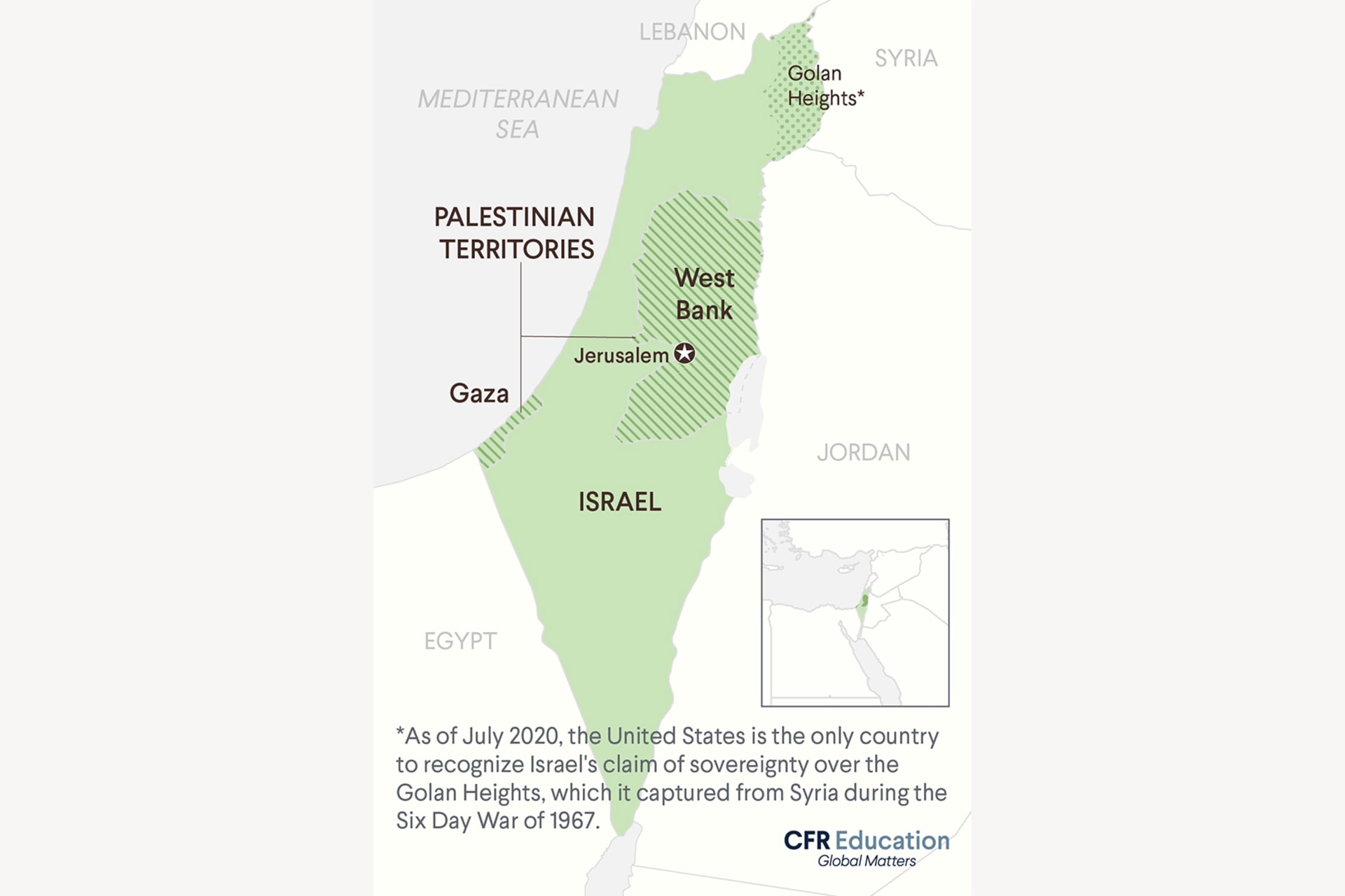 A map graphic showing Israel highlighted in green and Palestinian Territories, Gaza and the West Bank, highlighted green with stripes. The Golan Heights region is marked with a dotted green background. A smaller map showing a wider scale is pictured in the lower right hand corner. An asterisk next to Golan Heights refers to a note at the bottom that reads, "As of July 2020, the United States is the only country to recognize Israel's claim of sovereignty over the Golan Heights, which it captured from Suria during the Six Day War of 1967."
