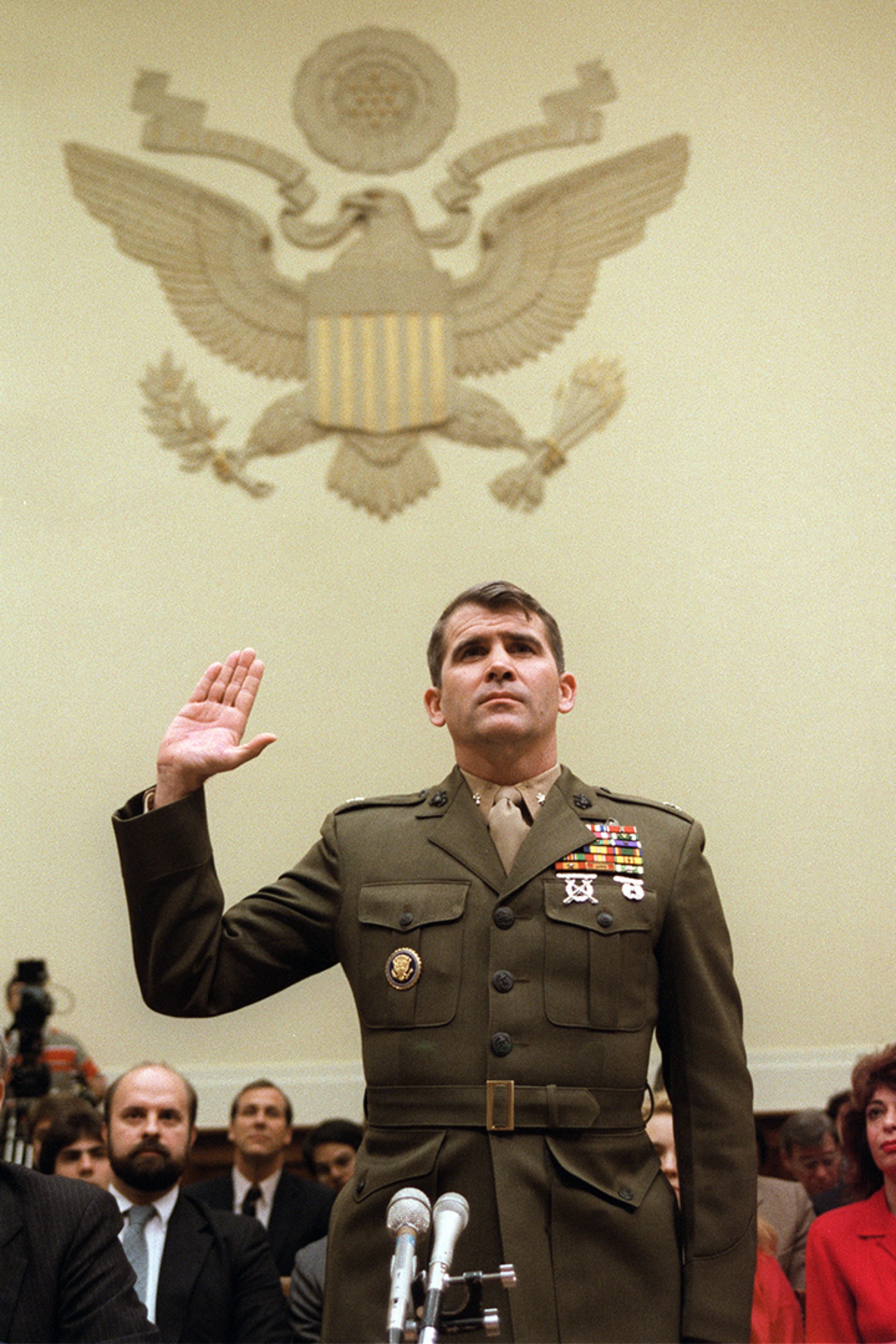 Lieutenant Colonel Oliver North is sworn in before a House Foreign Affairs Committee hearing on the Iran-Contra affair.
