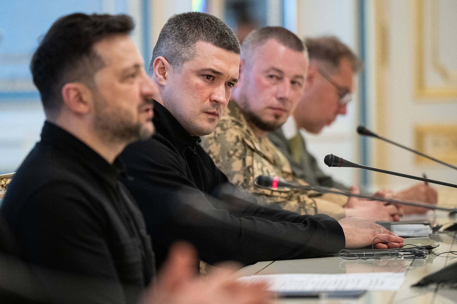 Then Ukrainian Defence Minister Mykhailo Fedorov (C) attends a meeting between Ukrainian and German delegations in Kyiv, Ukraine, on May 11, 2026.