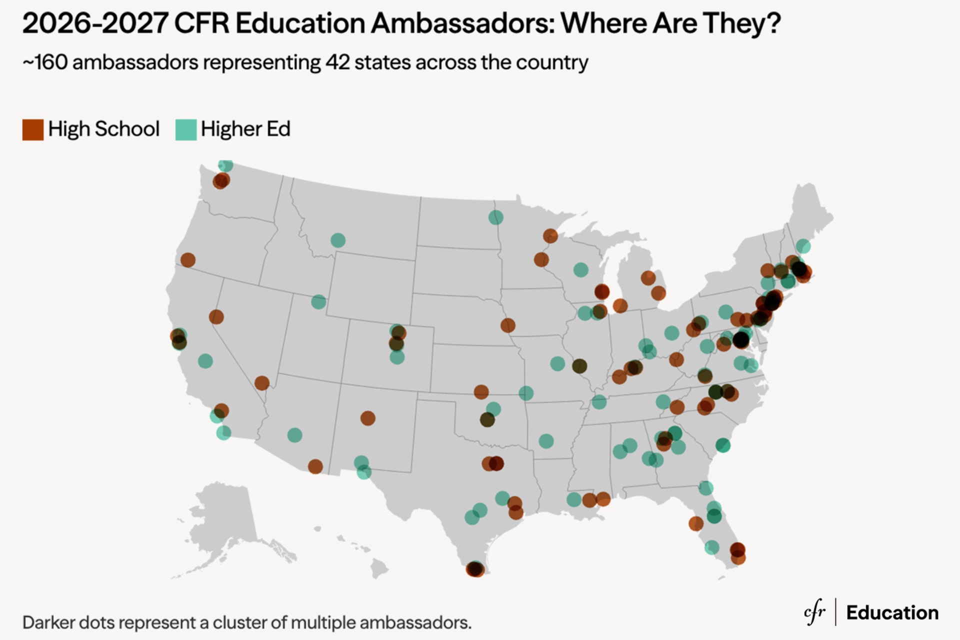 A map of the United States showing the location of high school and higher ed ambassadors. Red/copper dots represent high school ambassadors, and blue dots represent higher ed ambassadors. The title reads "2026-2026 CFR Education Ambassadors: Where Are They?".