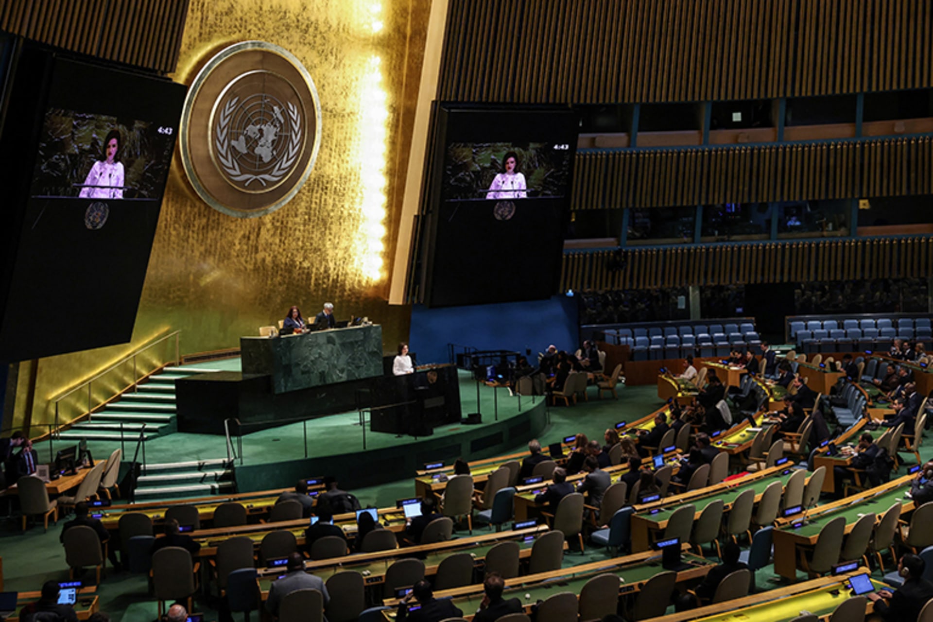 A wide shot of the UN General Assembly meeting. A woman stands a podium in the center and addresses a seated crowd. The UN logo is seen behind her on the wall.