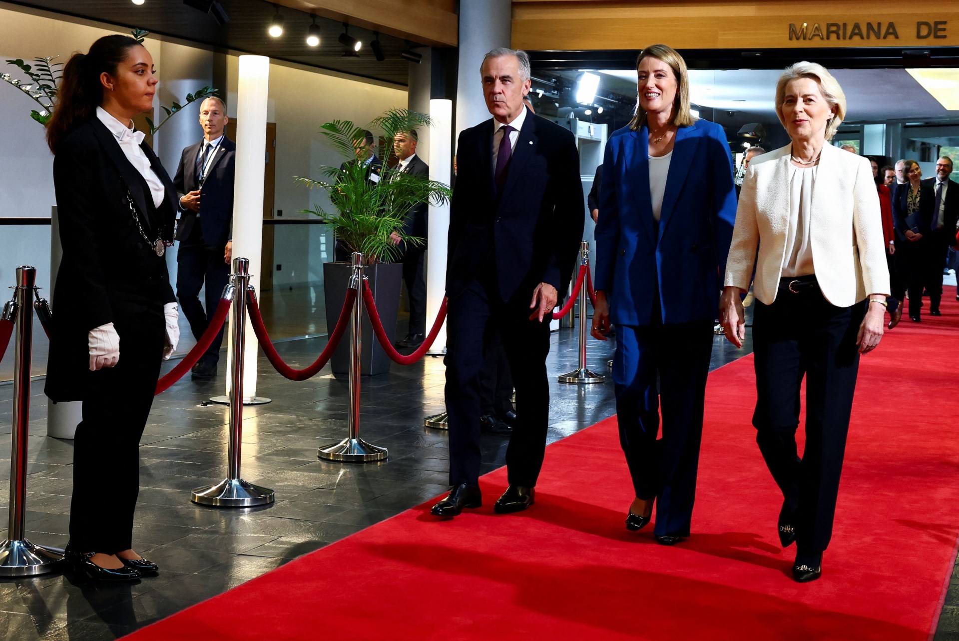Canadian Prime Minister Mark Carney is welcomed by European Commission President Ursula von der Leyen, and Roberta Metsola, President of the European Parliament, upon his arrival at the European Parliament ahead of the State of the European Union address (SOTEU), in Strasbourg, France, September 16, 2026.