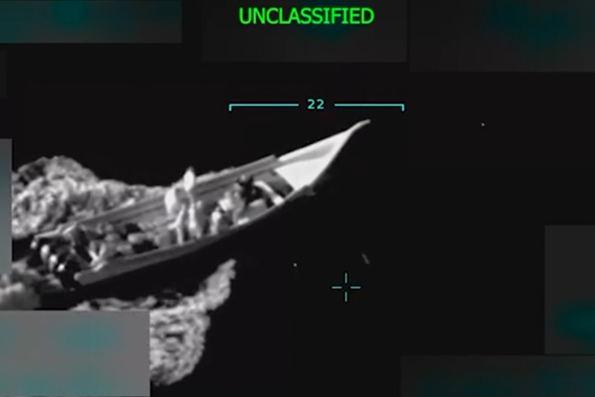 A screengrab from a video posted by Donald Trump that shows a blurry image of a motorboat in the ocean.
