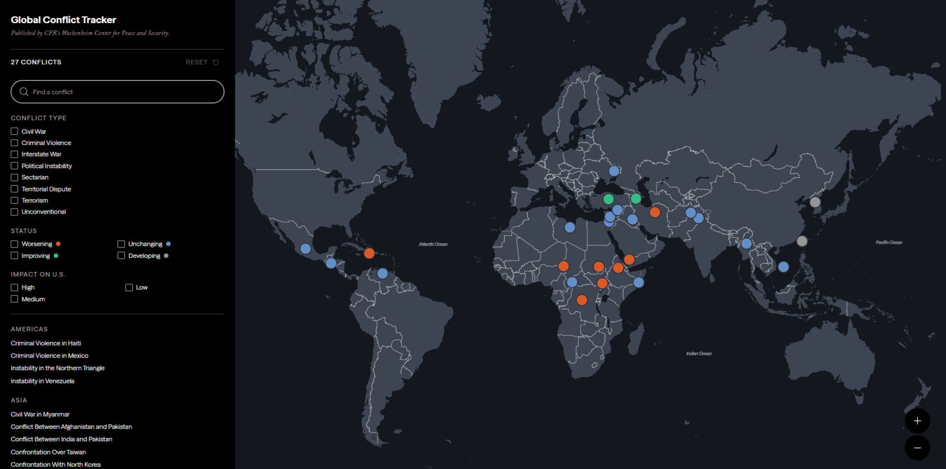 A screenshot from the CFR Global Conflict Tracker website. There is a dark gray map of the world on the right hand side with colored dots representing different points of conflict in the world and their impact on the U.S. The left hand side shows different categories and filter options. 