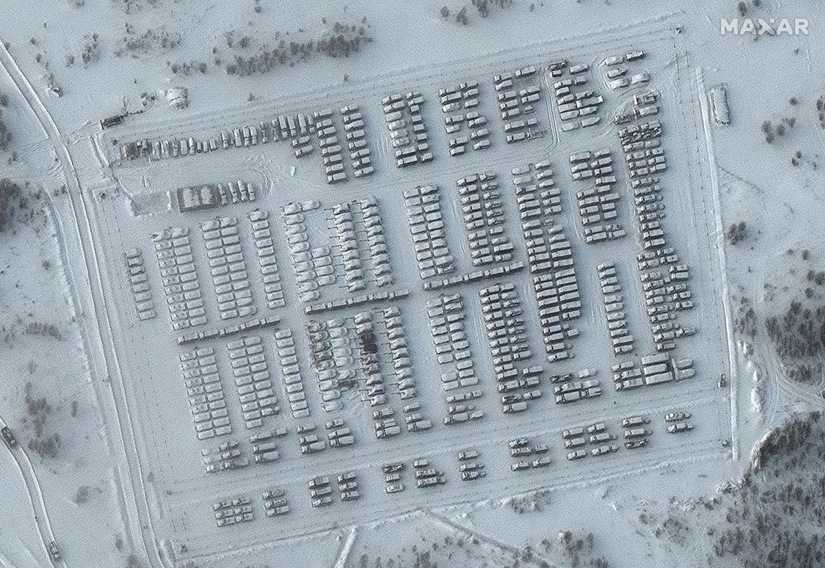 A closer view of military vehicles in Yelnya, Russia, is seen in this satellite image taken on January 19, 2022. 