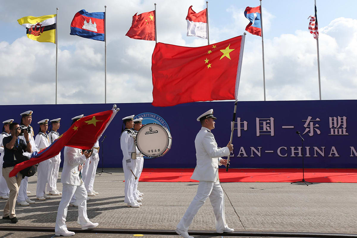 Chinese sailors march during the opening ceremony of the Association of Southeast Asian Nations (ASEAN)--China Maritime Exercise at a military port in Zhanjiang, China, on October 22, 2018.