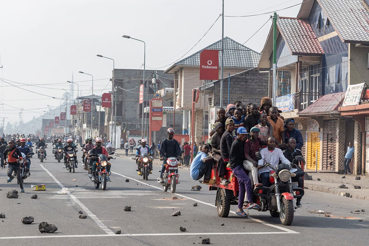 Congolese riders participate during a demonstration to demand justice for the murder of civilians killed during a protest against the United Nations Organization Stabilization Mission in the Democratic Republic of Congo (MONUSCO) and East African Community Regional Force (EACRF) in Goma, North Kivu province of the Democratic Republic of Congo, September 4, 2023.