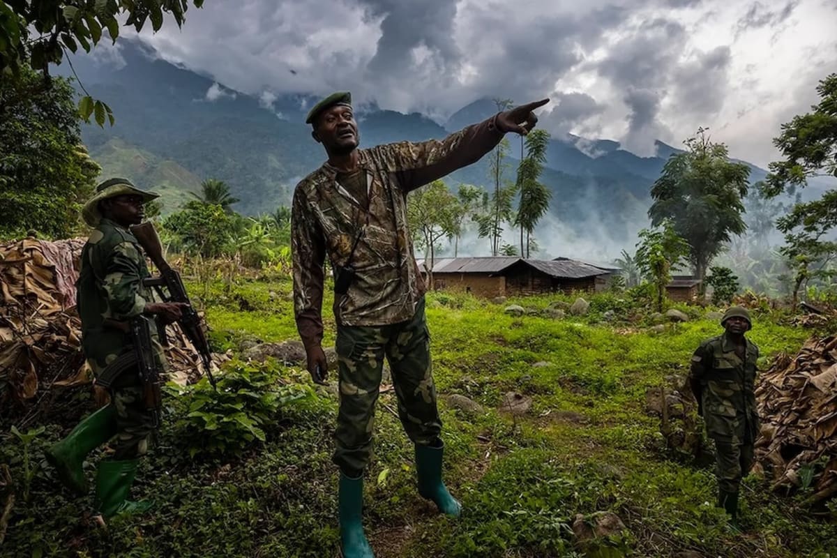 A Congolese army major points out the routes the Allied Democratic Forces (ADF) have used to come attack the village of Mwenda in North Kivu, April 7, 2021.