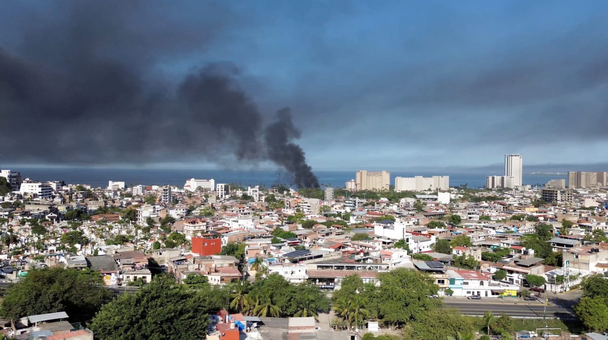Smoke billows from an urban area by the sea.