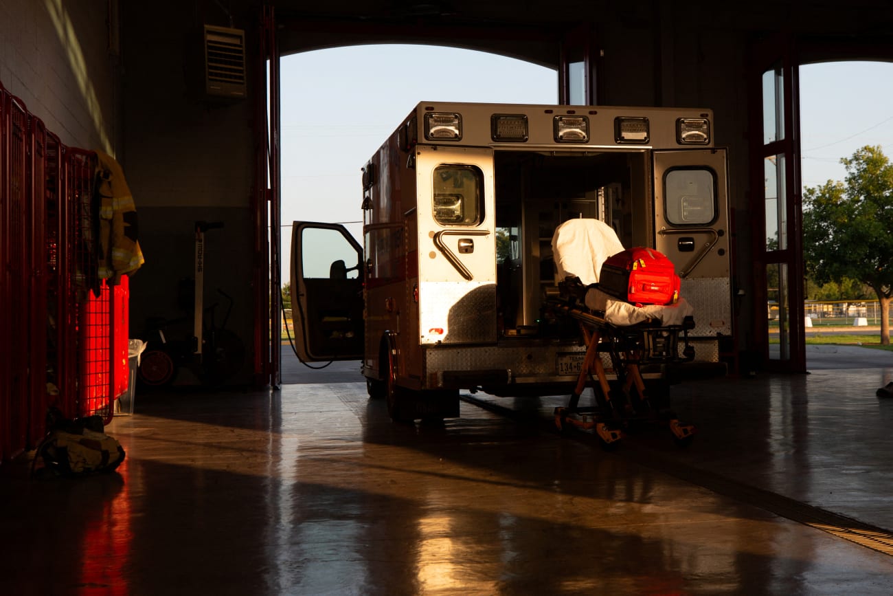 An ambulance is pictured as firefighters clean and restock medical supplies in ambulances and other emergency vehicles and equipment, Eagle Pass, Texas, on July 09, 2023.