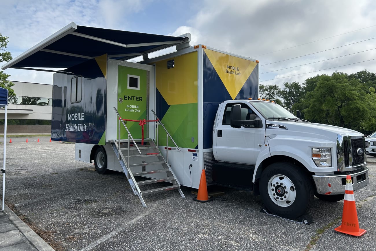 A mobile health clinic is seen during a ribbon cutting ceremony by the South Carolina Department of Public Health. The health truck administers measles, mumps, and rubella (MMR) vaccine at the Florence County Health Department, in Florence, South Carolina, on April 25, 2025.