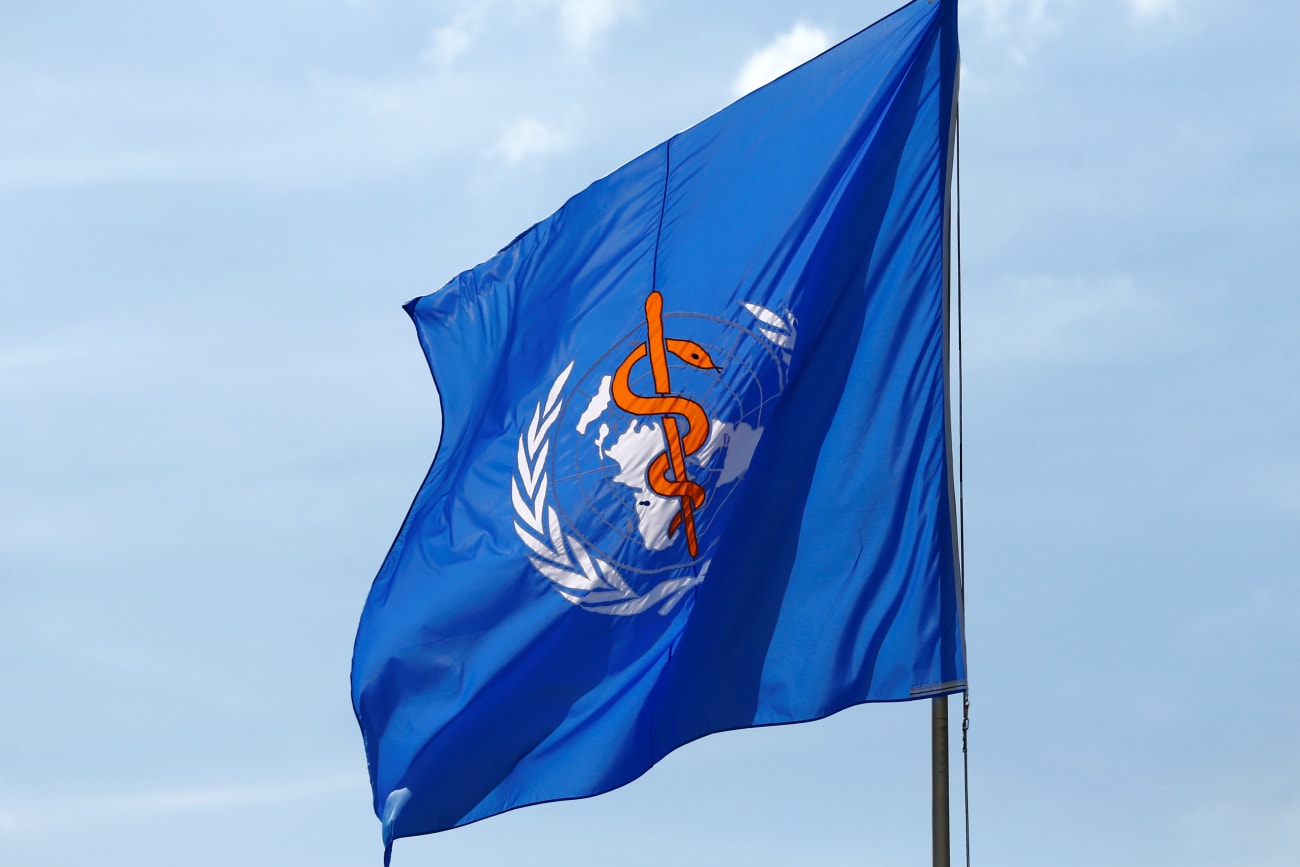 A WHO flag is pictured during the 70th World Health Assembly, at the United Nations, in Geneva, Switzerland, on May 23, 2017.