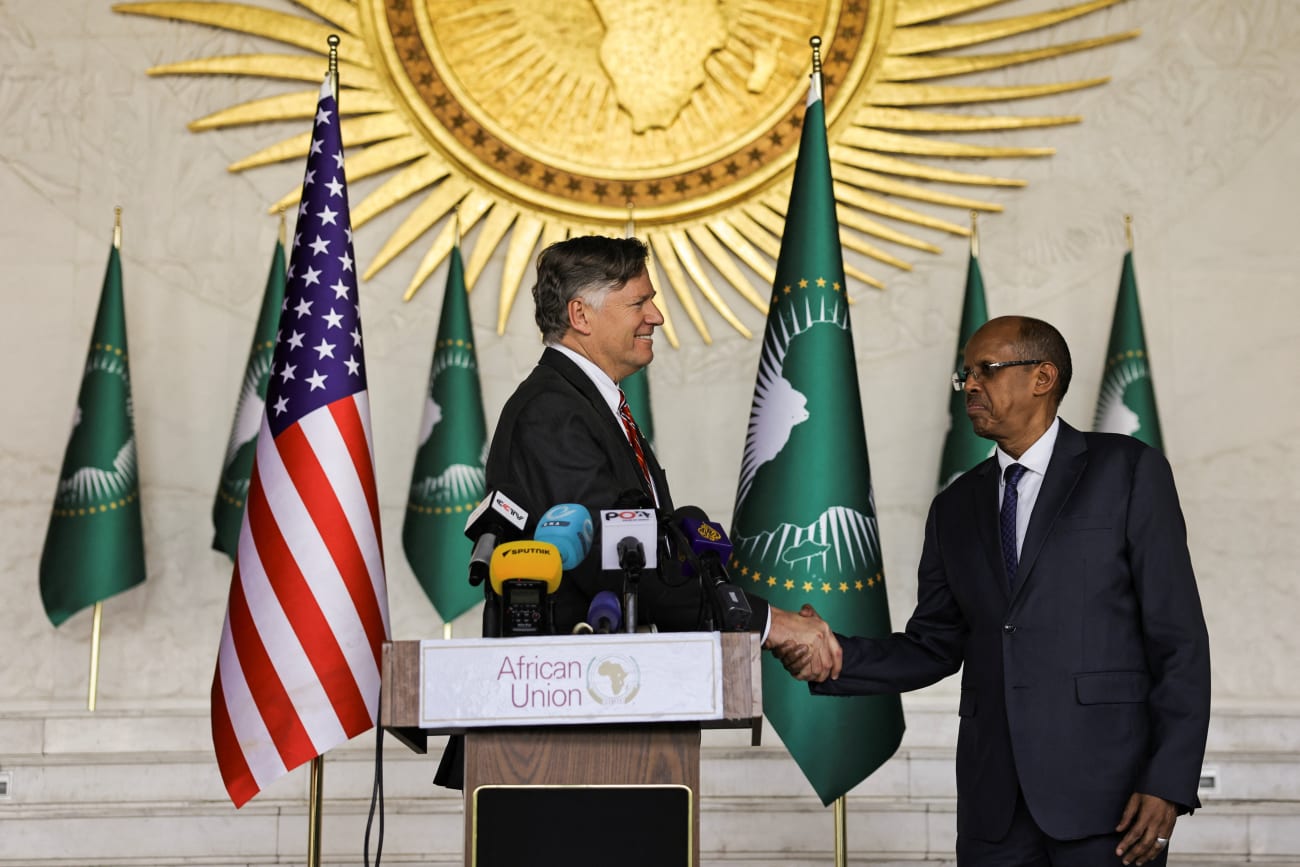 U.S. Deputy Secretary of State Christopher Landau shakes hands with African Union Commission Chair Mahamoud Ali Youssouf, at the African Union headquarters, in Addis Ababa, Ethiopia, on January 28, 2026.
