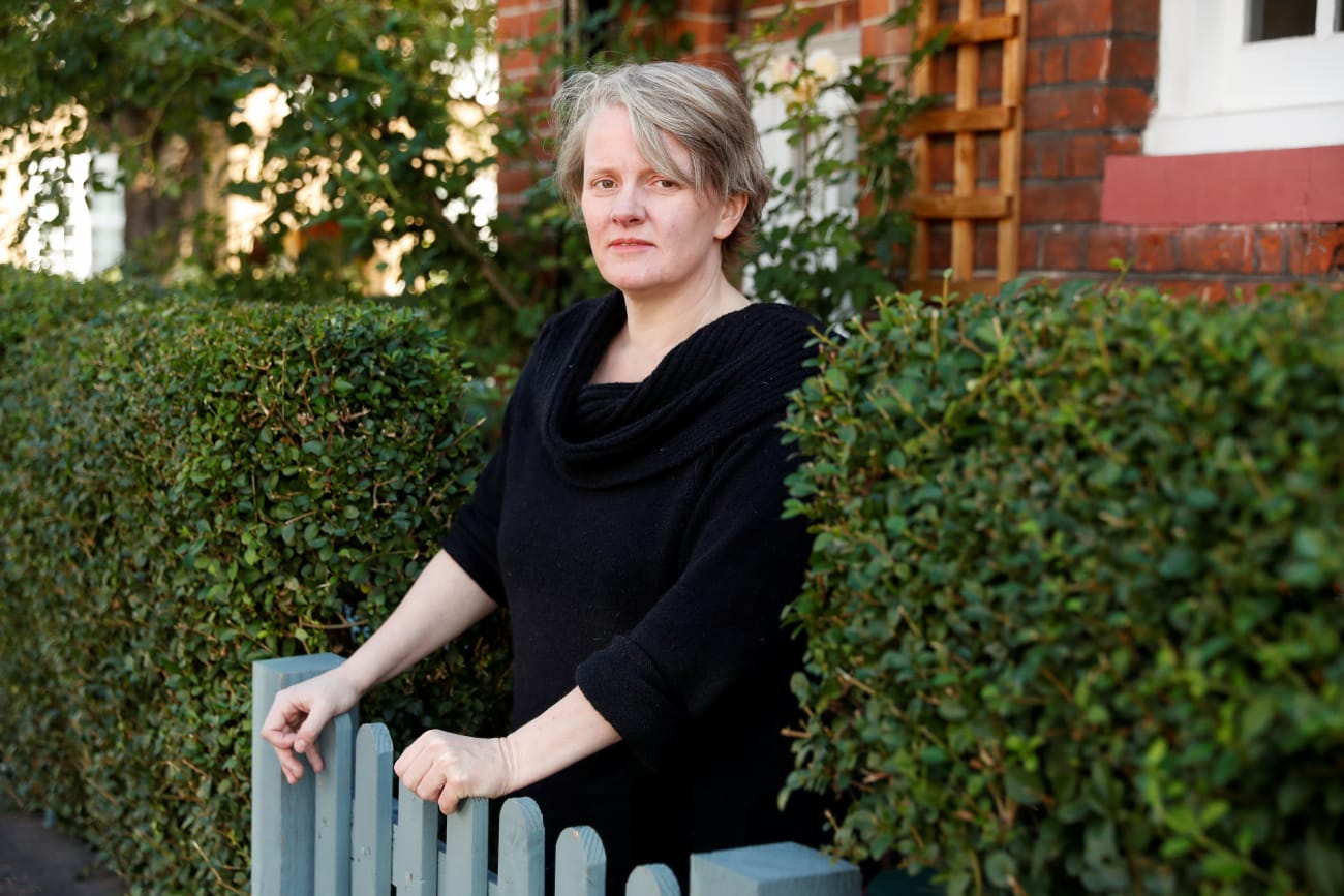 Felicity Callard, a 49-year-old British university professor and lecturer who continues to struggle with symptoms following a COVID-19 infection, poses after an interview at her house, in London, Britain, on September 2, 2020.