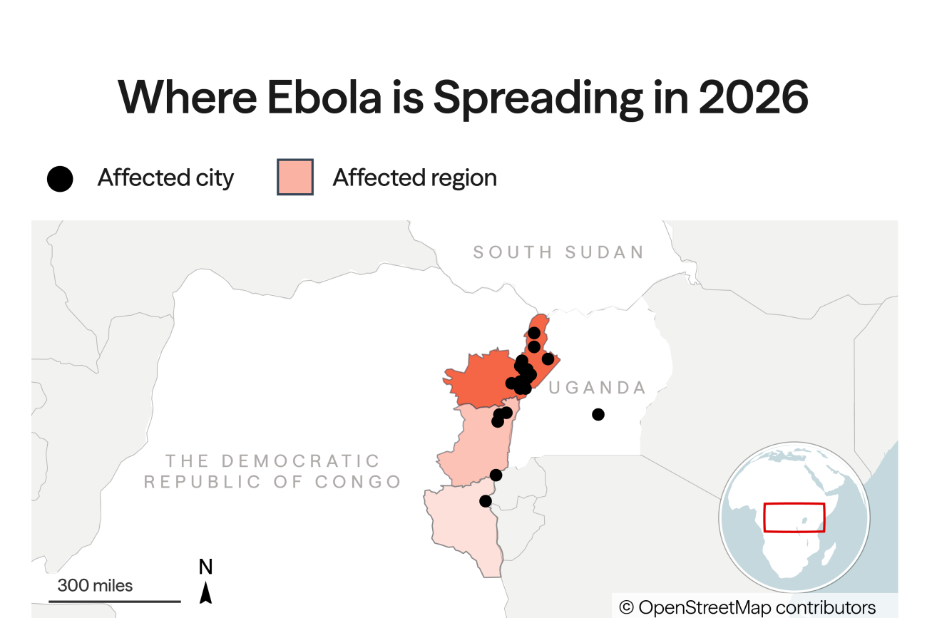 A map titled "Where the 2026 Ebola Outbreak is Spreading" shows confirmed and suspected cases of Bundibugyo virus disease in the Democratic Republic of Congo (DRC) and Uganda as of June 1, 2026. Affected regions are shaded in salmon/orange-red, and affected cities are marked with black dots. Ituri Province in northeastern DRC is labeled as having seen the most cases and is the largest highlighted region. Additional affected areas in DRC include militia-controlled Goma in North Kivu and areas near Bukavu in South Kivu. In Uganda, Kampala is marked as having confirmed nine cases. A small inset map shows the location of the outbreak region within the broader African continent. Source: Ministry of Health, Democratic Republic of Congo.