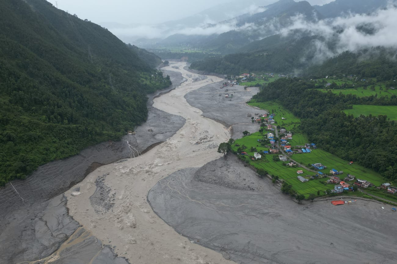 Aerial view of flood-ravaged Betrawati in Rasuwa; many houses are buried beneath the mud, on August 29, 2026.