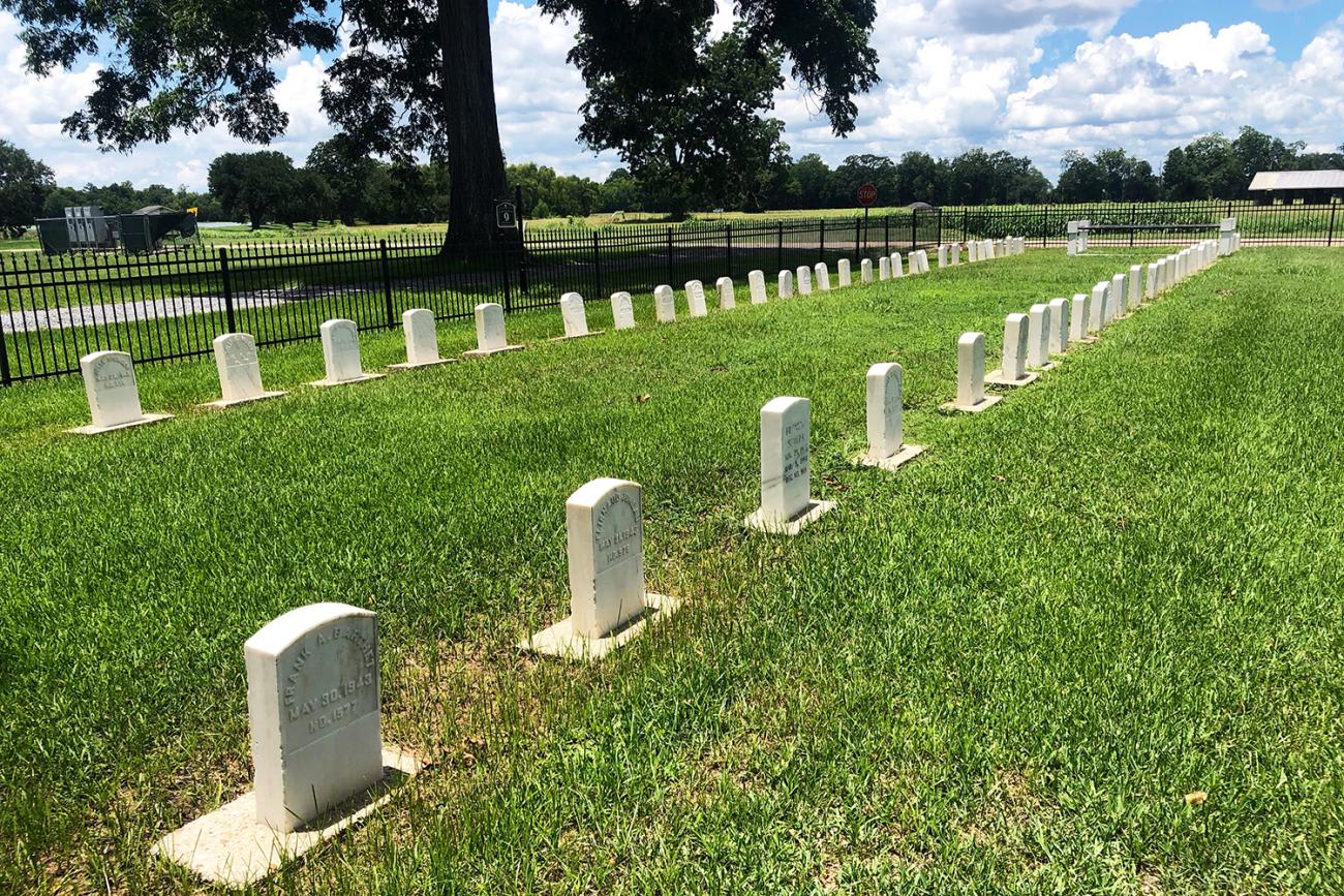 Picture shows a long line of low headstones in a green grassy field with a bright blue sky.