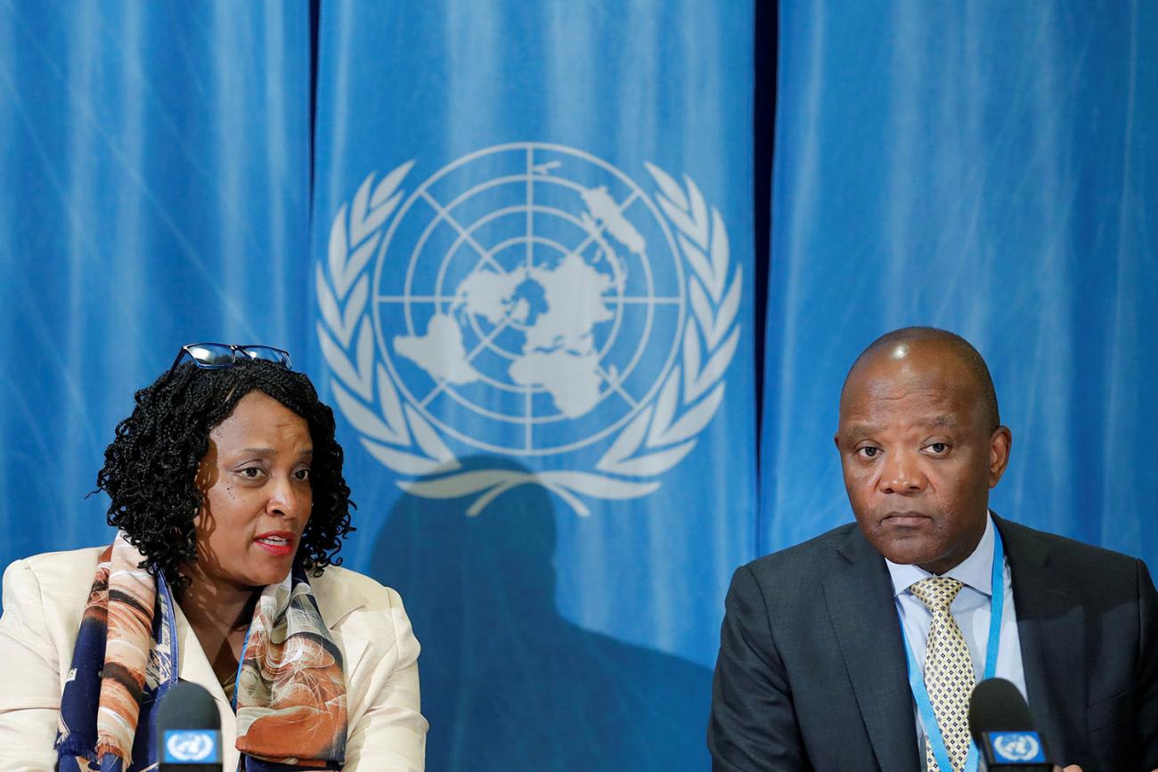 John Nkengasong, Director of Africa's CDC, attending a press conference in Geneva on the Ebola Response in the DRC with Margaret Agama-Anyetei of the African Union Commission on May 22, 2018.