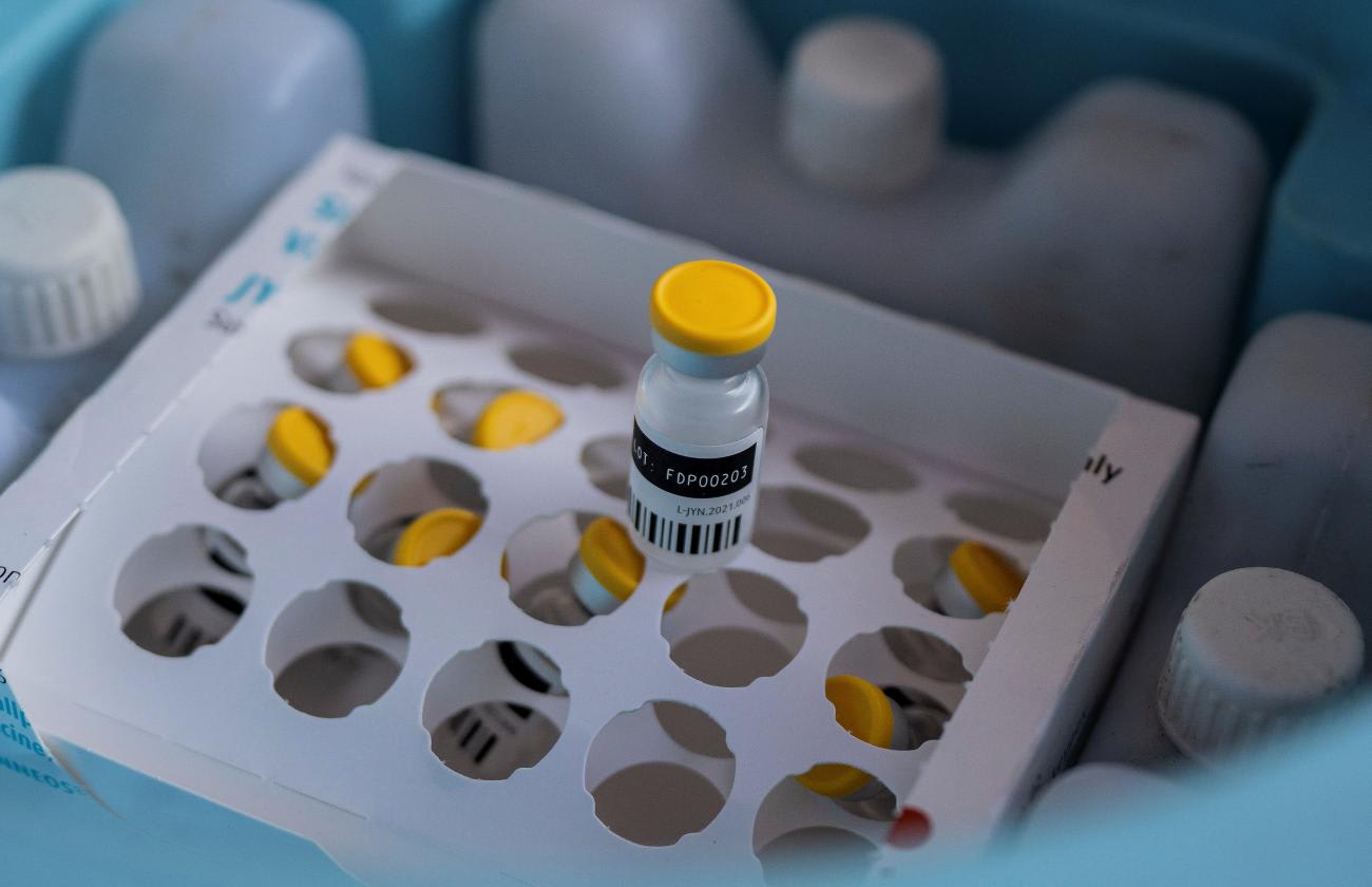 A mpox vaccine bottle stands in a package at a hospital, in Goma, North Kivu province, Democratic Republic of Congo, on October 5, 2024.