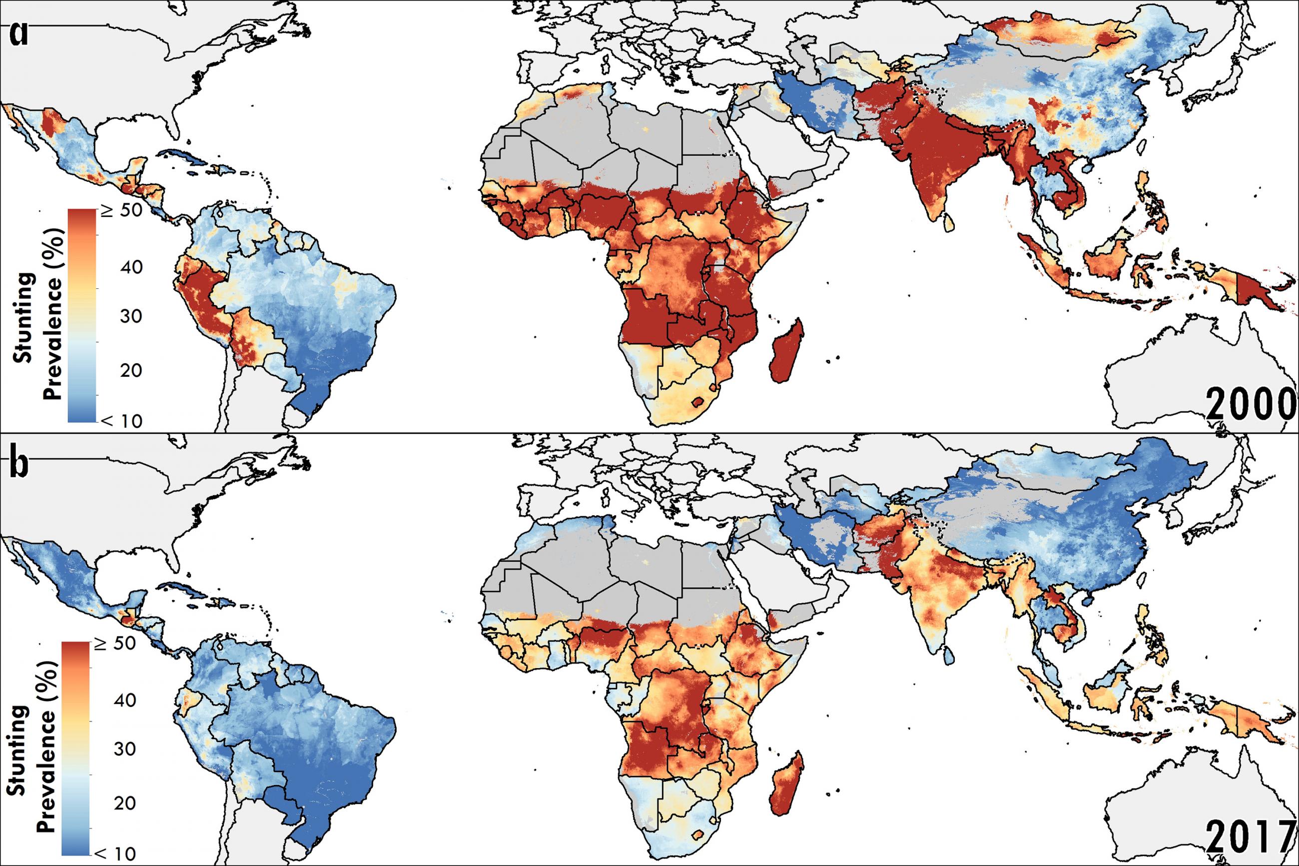 The graph shows two world maps, 200 and 2017, one on top of the other. The maps are colored according to the prevalence of stunting, which goes down in the seventeen years from the first to the second map.
