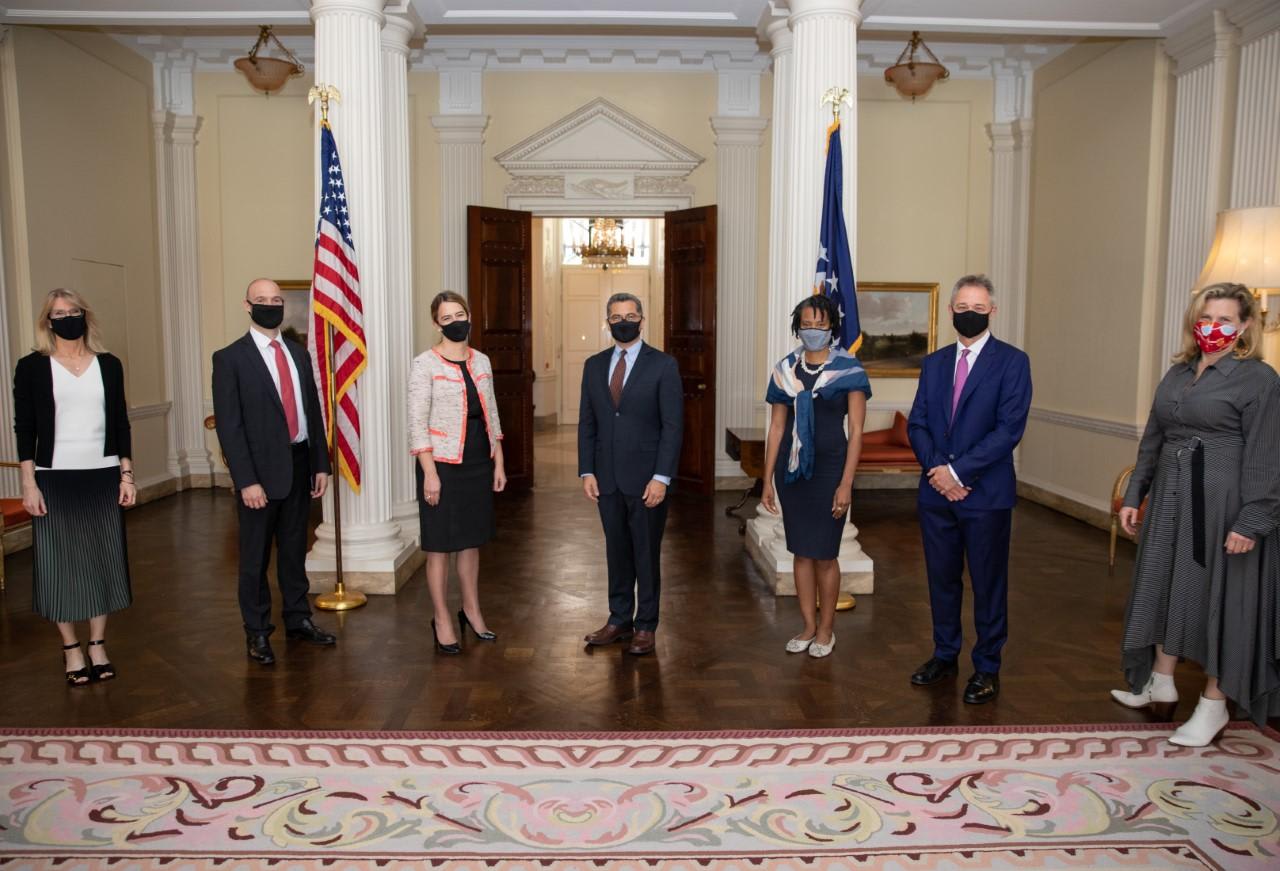 Health and Human Services (HHS) Secretary Xavier Becerra, HHS Director of the Office of Global Affairs Loyce Pace, Chargé d'Affaires Yael Lempert, and Counselor Sarah Despres meeting with Wellcome Trust at the G7 Health Ministers' Meeting on June 2, 2021 at Winfield Residence, London, United Kingdom.