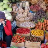 female fruit vendor sits at her kiosk in a market, in Dalat, Vietnam.