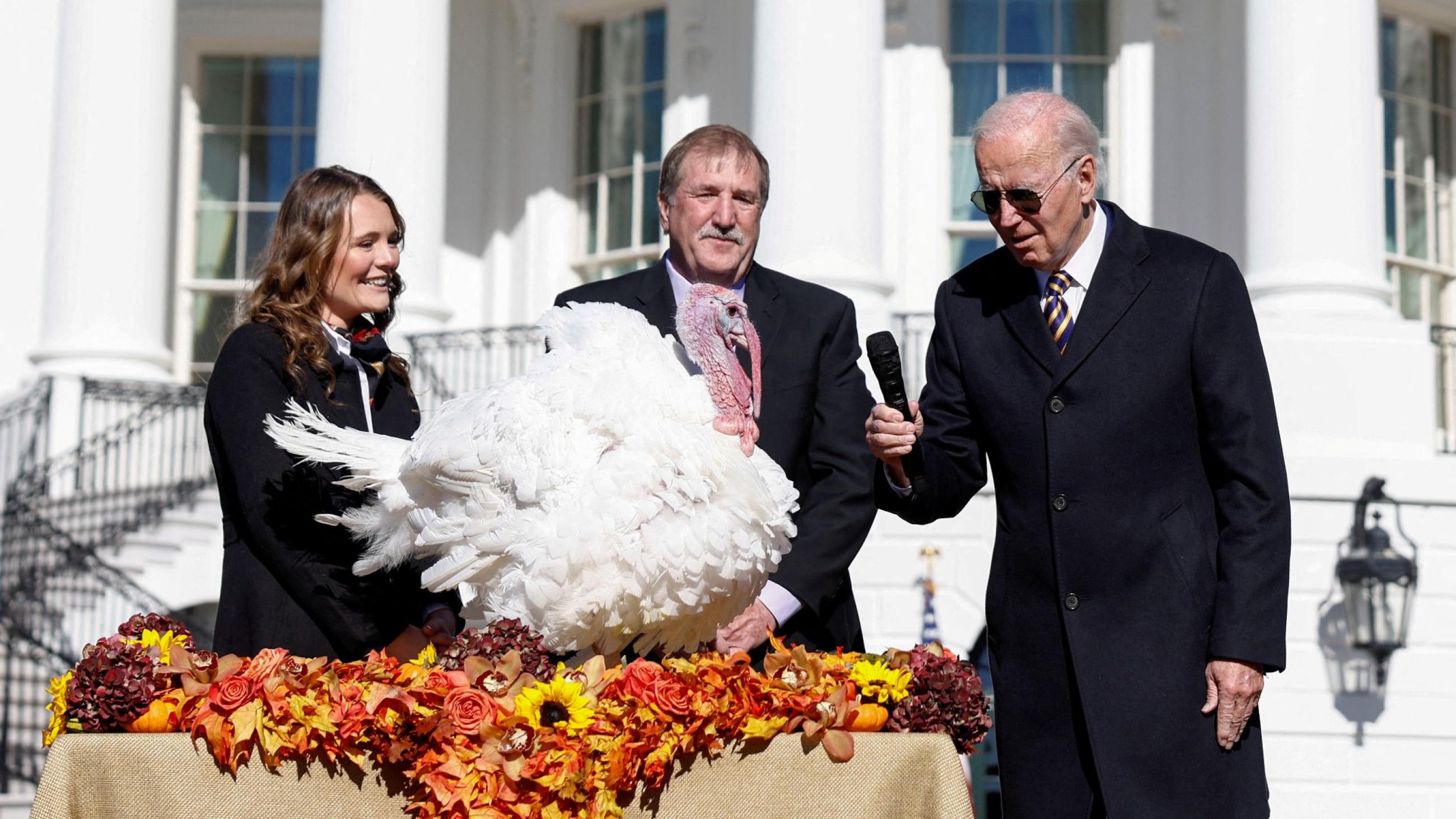 President Joe Biden attends the annual ceremony to pardon Chocolate and Chip, the National Thanksgiving Turkeys, on the South Lawn of the White House in Washington, DC, on November 21, 2022.