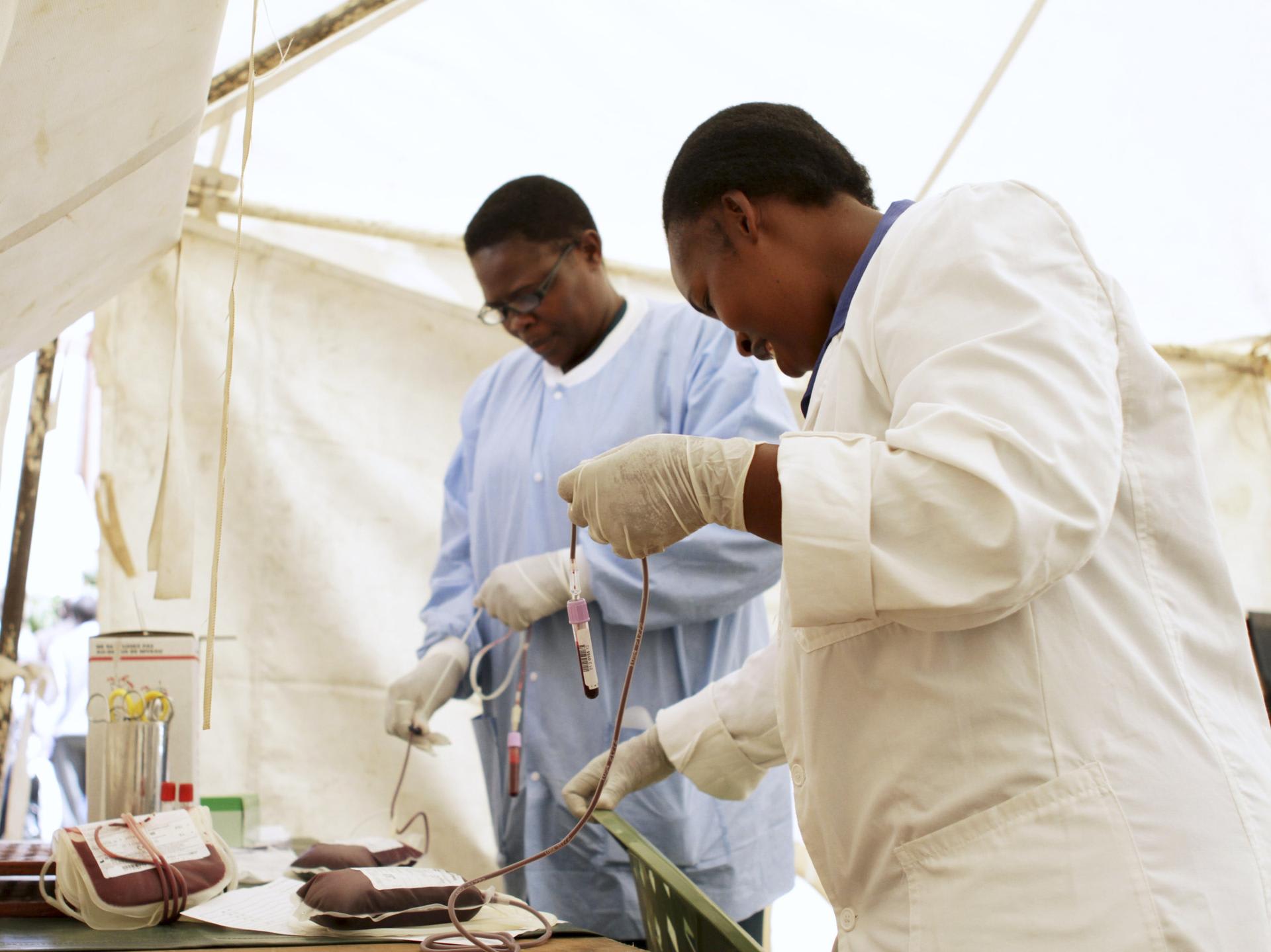 Staff label plastic bags filled with donated blood, in Nairobi, Kenya, on January 9, 2012.