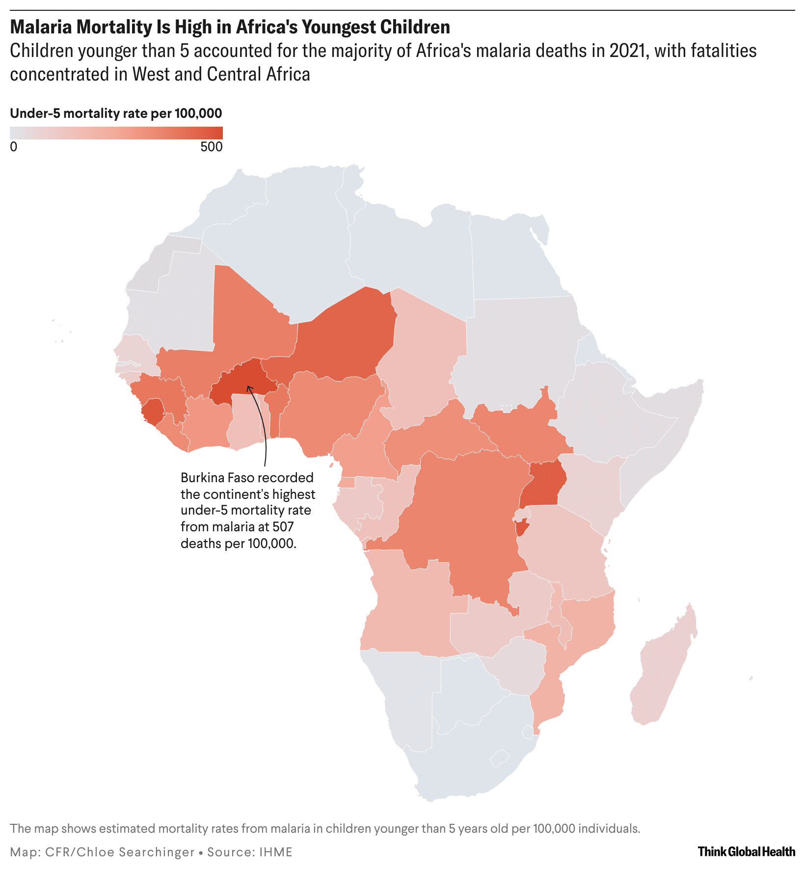 A heatmap of Africa showing countries where malaria mortality for children younger than 5 is highest
