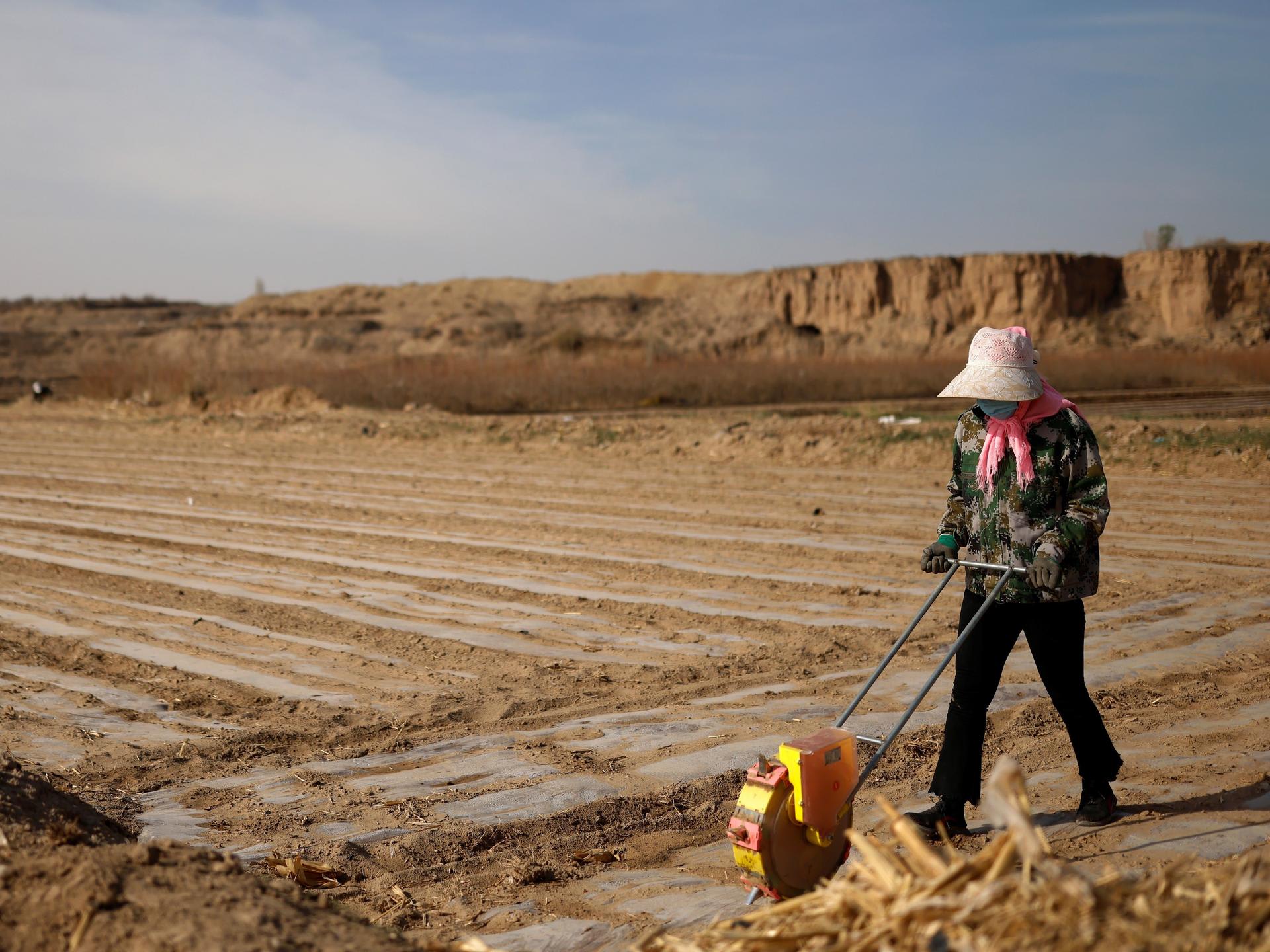A worker uses a planter to plant corn seed in a village near the edge of the Gobi Desert, on the outskirts of Wuwei, Gansu province, China, on April 14, 2021.