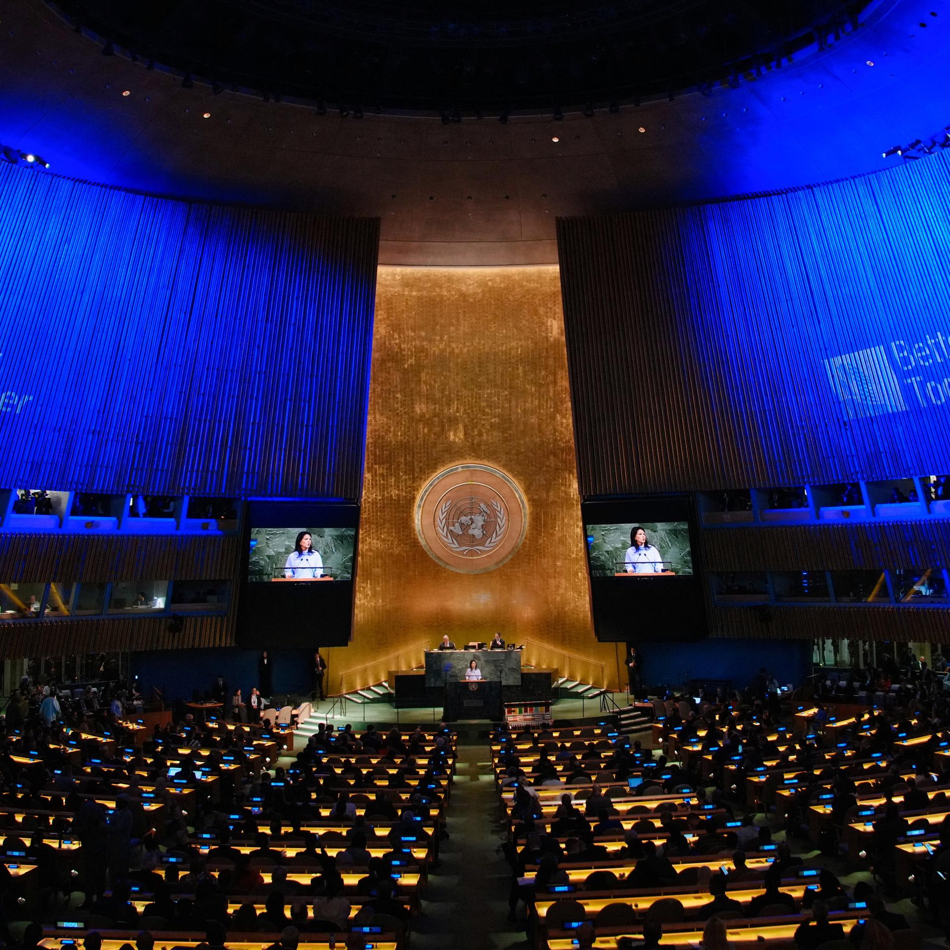 President of the UN General Assembly Annalena Baerbock speaks during a high-level meeting to mark the eightieth anniversary of the establishment of the United Nations, at the UN headquarters, in New York City, on September 22, 2025.