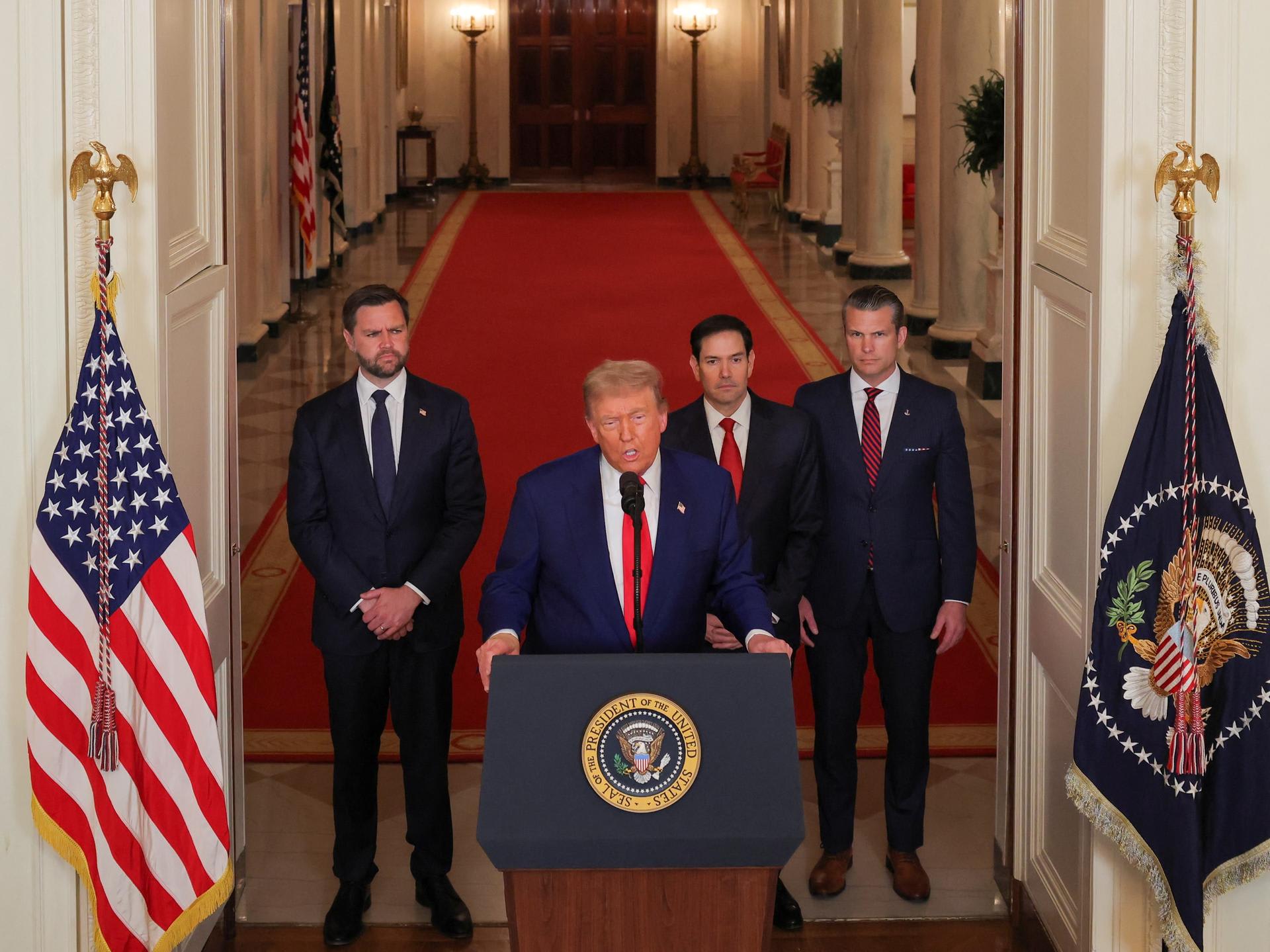 U.S. President Donald Trump delivers an address to the nation alongside U.S. Vice President JD Vance, U.S. Secretary of State Marco Rubio and U.S. Defense Secretary Pete Hegseth, in Washington DC, on June 21, 2025.