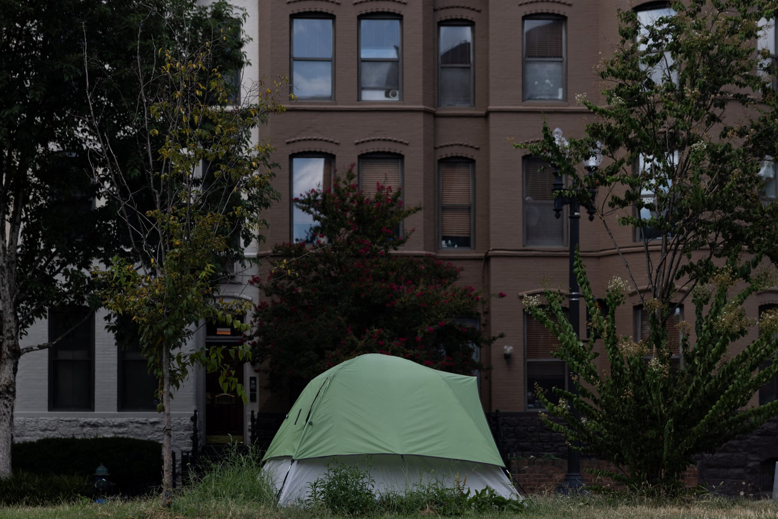 A tent is set up near Dupont Circle, in Washington, DC, on August 12, 2025.