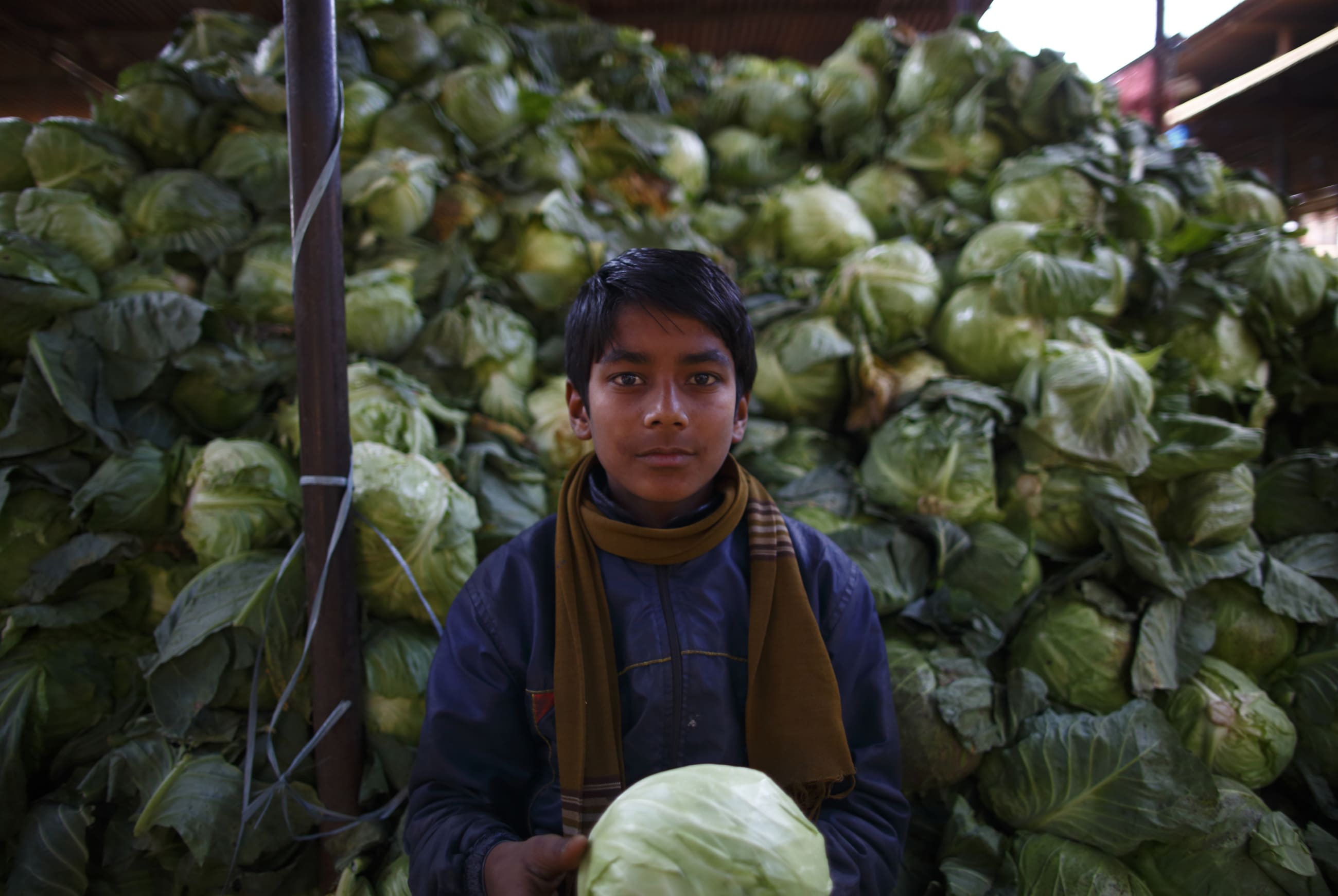 A boy selling cabbage waits for customer at his stall inside a vegetable market, in Kathmandu, Nepal, on February 7, 2014.