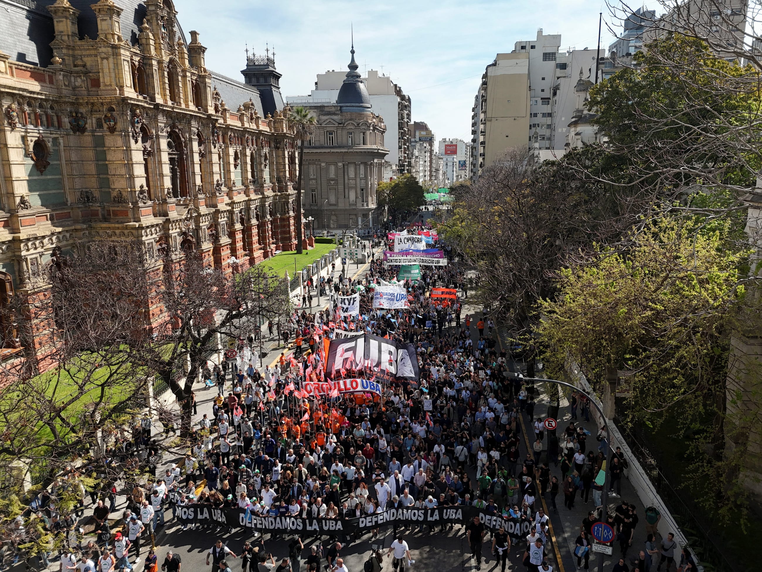 A drone view shows demonstrators as they take part in a march to defend public universities, after Argentina's President Javier Milei vetoed laws to boost funding for pediatric hospitals and public universities, citing efforts to rein in public spending, in Buenos Aires, Argentina, on September 17, 2025.