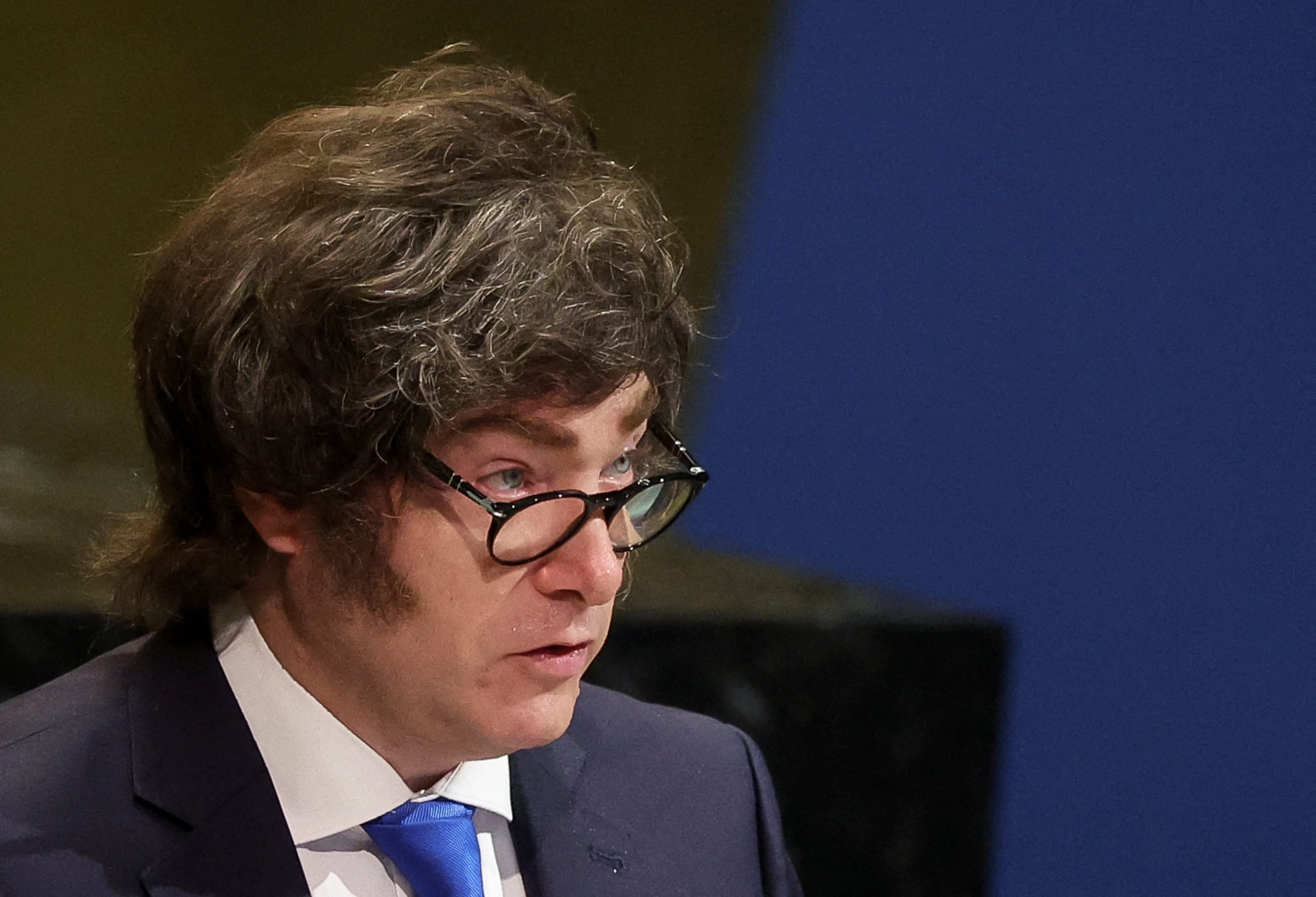 Argentina's President Javier Milei addresses the eightieth United Nations General Assembly at UN headquarters in New York City, on September 24, 2025. He wears
