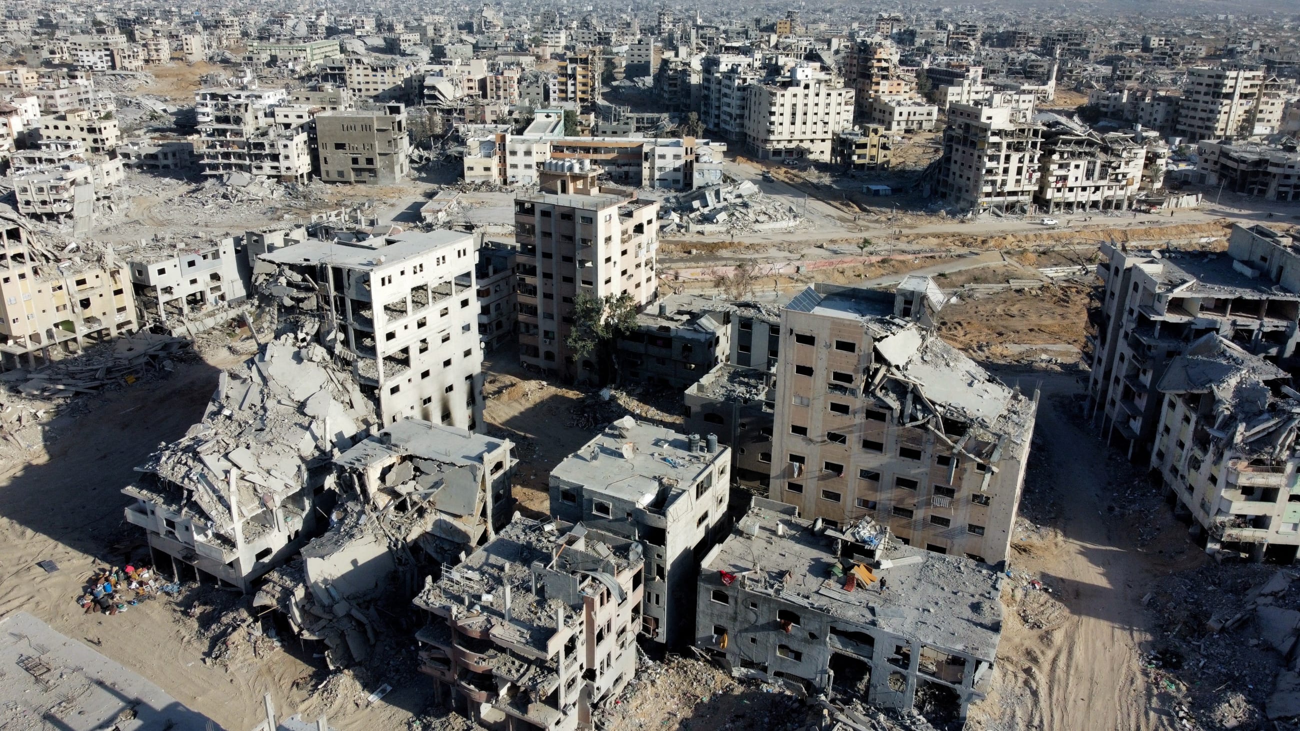 A drone view shows the destruction in a residential neighborhood, after the withdrawal of the Israeli forces from the area, amid a ceasefire between Israel and Hamas in Gaza, in Gaza City, on October 21, 2025.