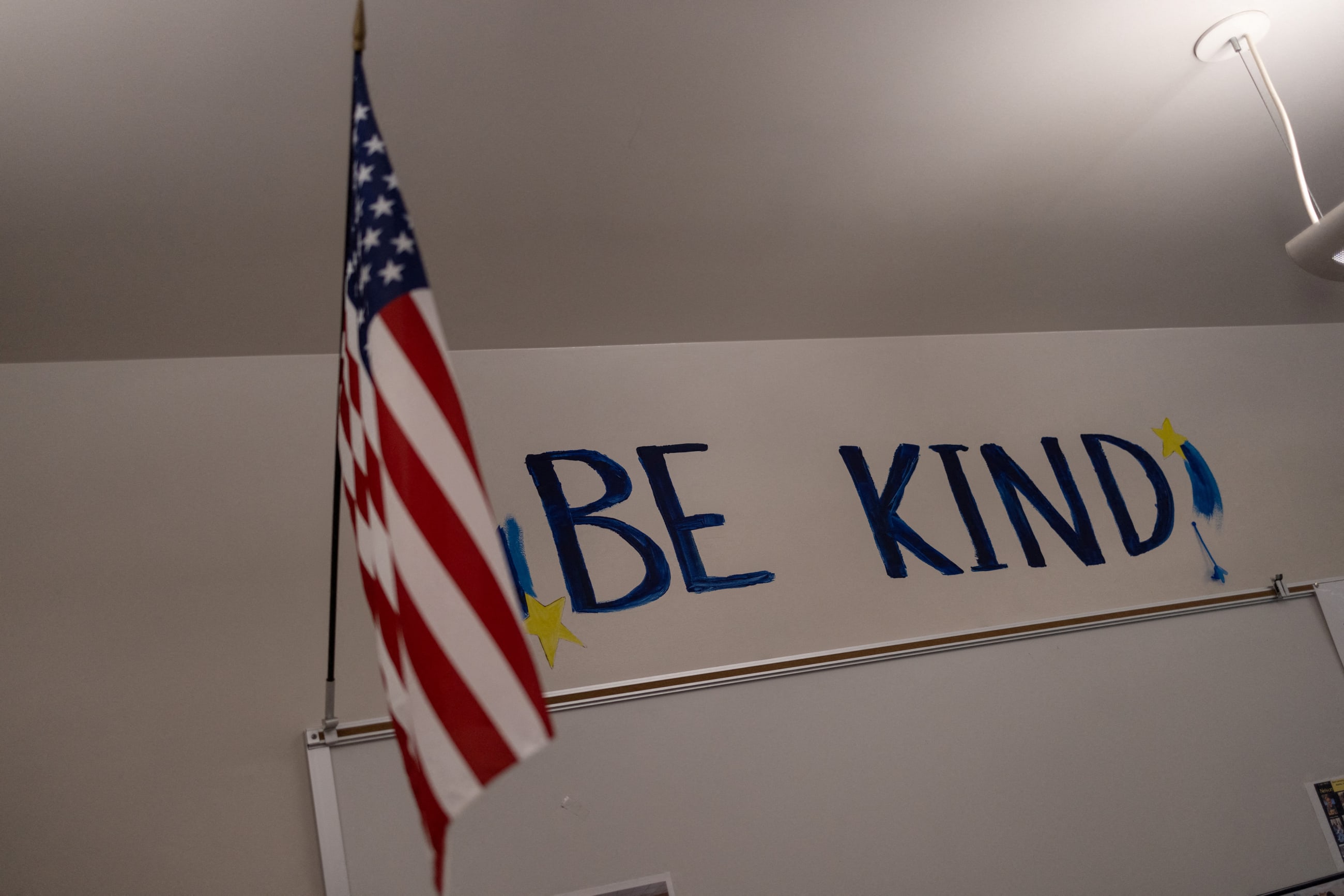 A painting which reads 'Be Kind' is seen at the local middle school, in Charleroi, Pennsylvania, on September 24, 2024.