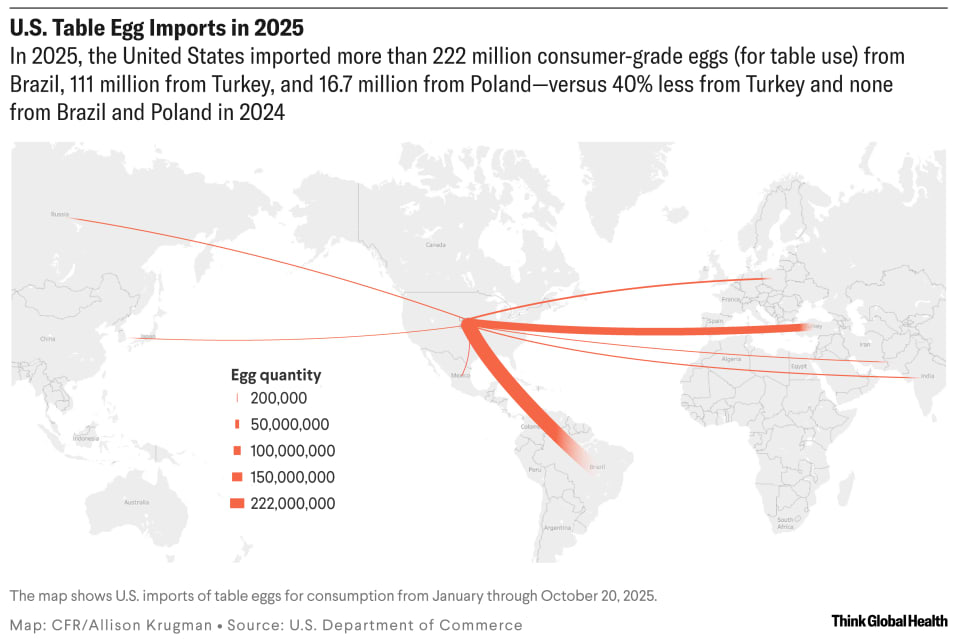 A world map showing U.S. imports of table eggs for consumption from January to October 2025