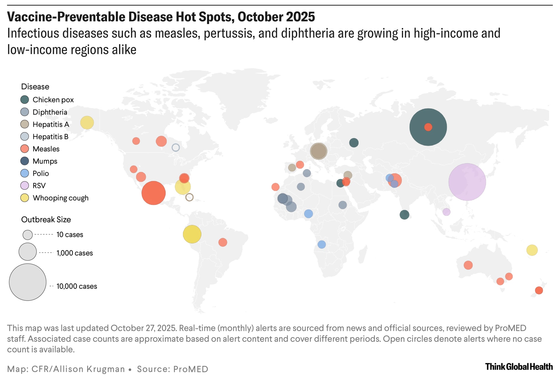 A world map showing vaccine-preventable disease hotspots
