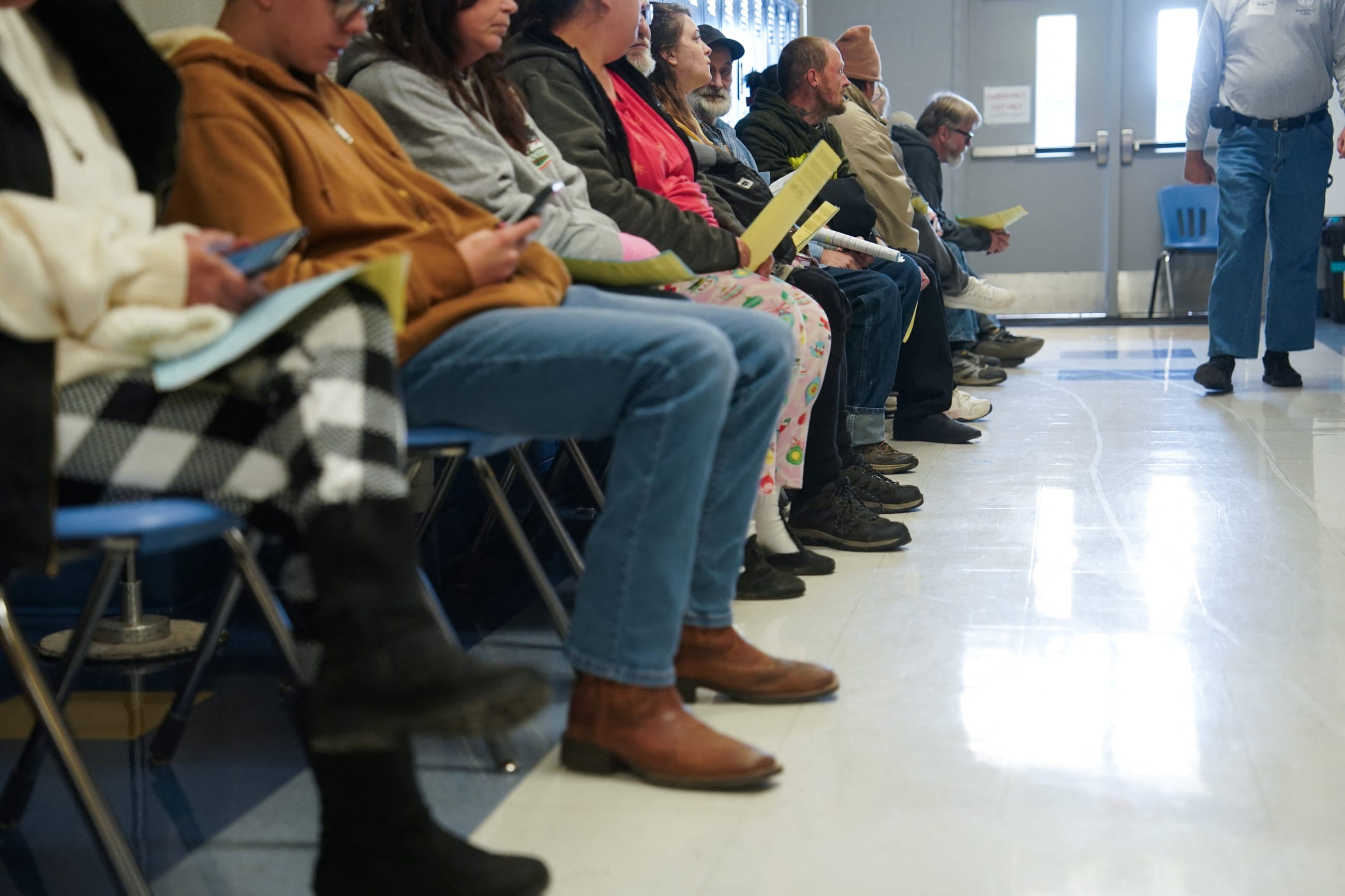 Patients line up to receive treatment at a pop-up Remote Area Medical (RAM) health clinic, in Eidson, Tennessee, on October 25, 2025.
