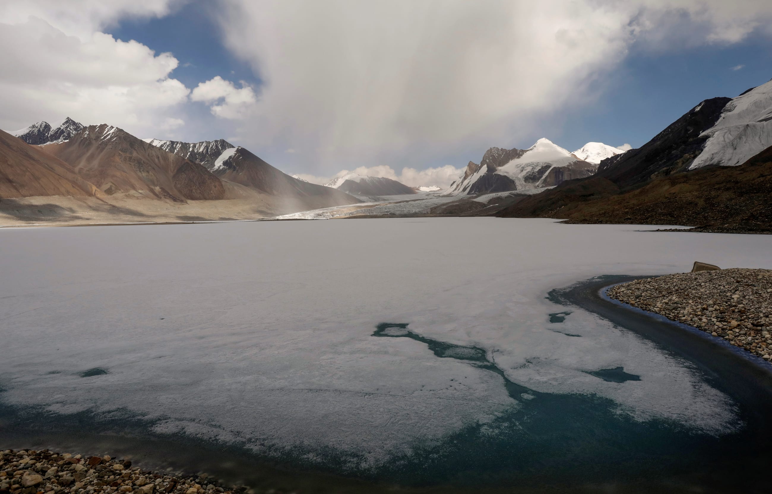 A general view shows the lake near the Petrov glacier, in the Tien Shan mountains, Kyrgyzstan, on May 28, 2021.