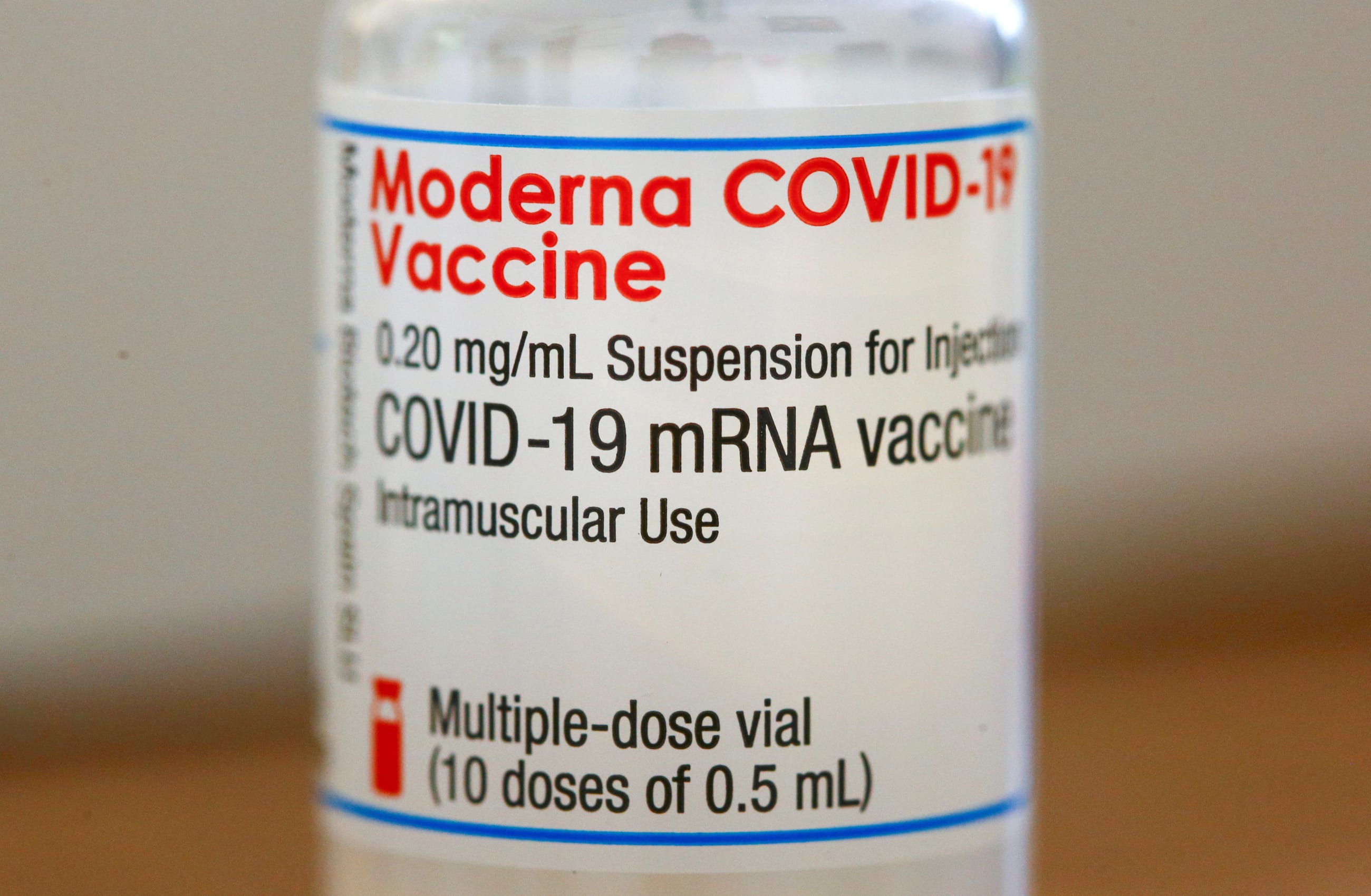 A bottle containing multiple doses of the Moderna COVID-19 vaccine is pictured at the Hausaerzte Hegibachplatz doctors office, in Zurich, Switzerland, on January 28, 2021.