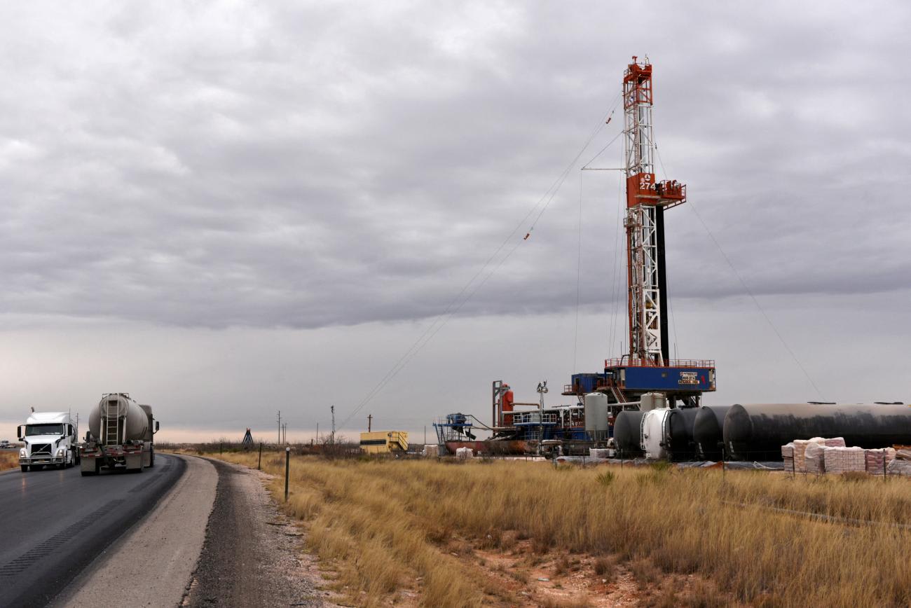 A drilling rig operates in the Permian Basin oil and natural gas production area. in Lea County, New Mexico, on February 10, 2019.
