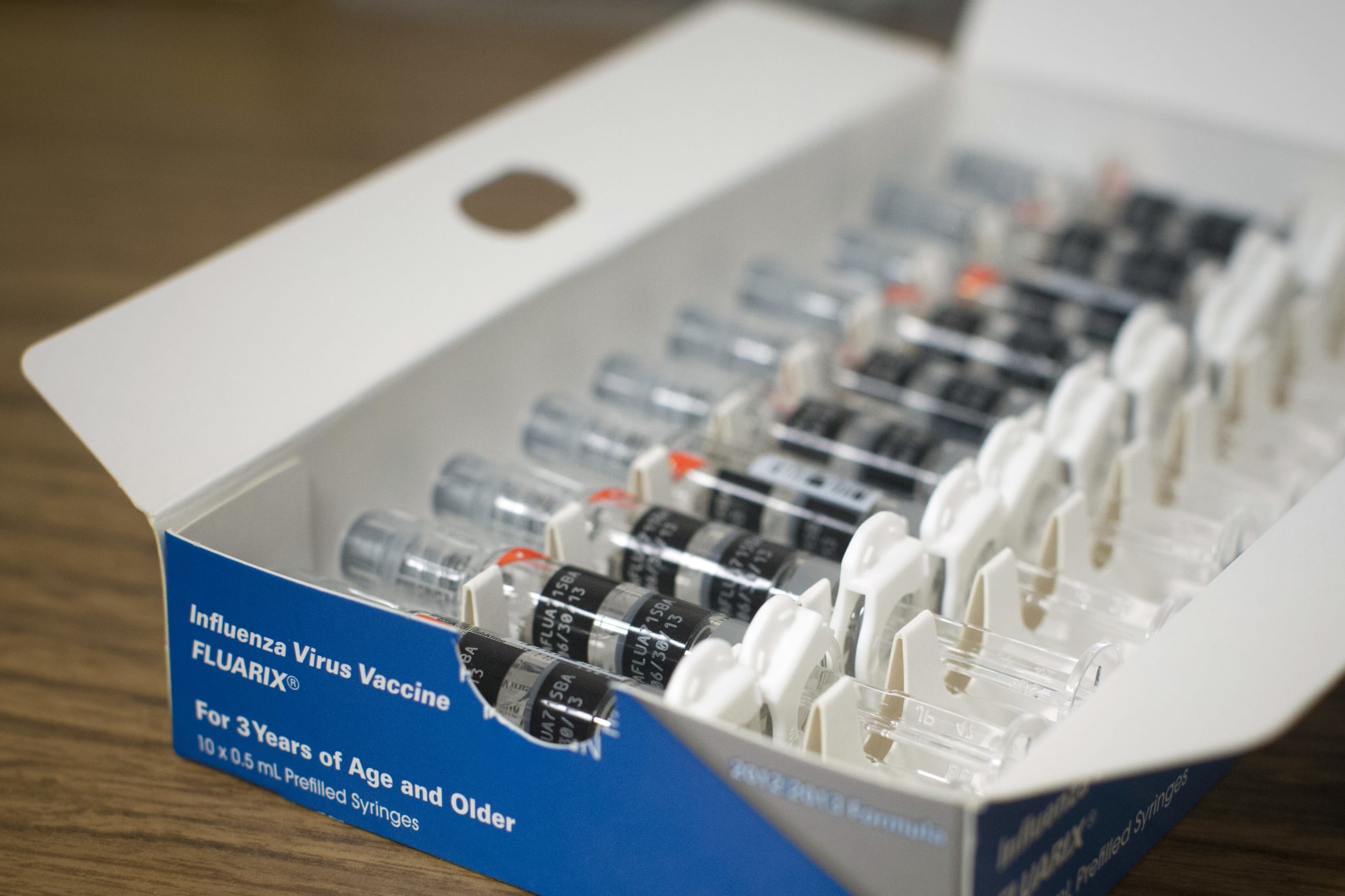 A box of ready-made influenza virus vaccines sits in the New York Downtown Hospital, in New York, on January 10, 2013.