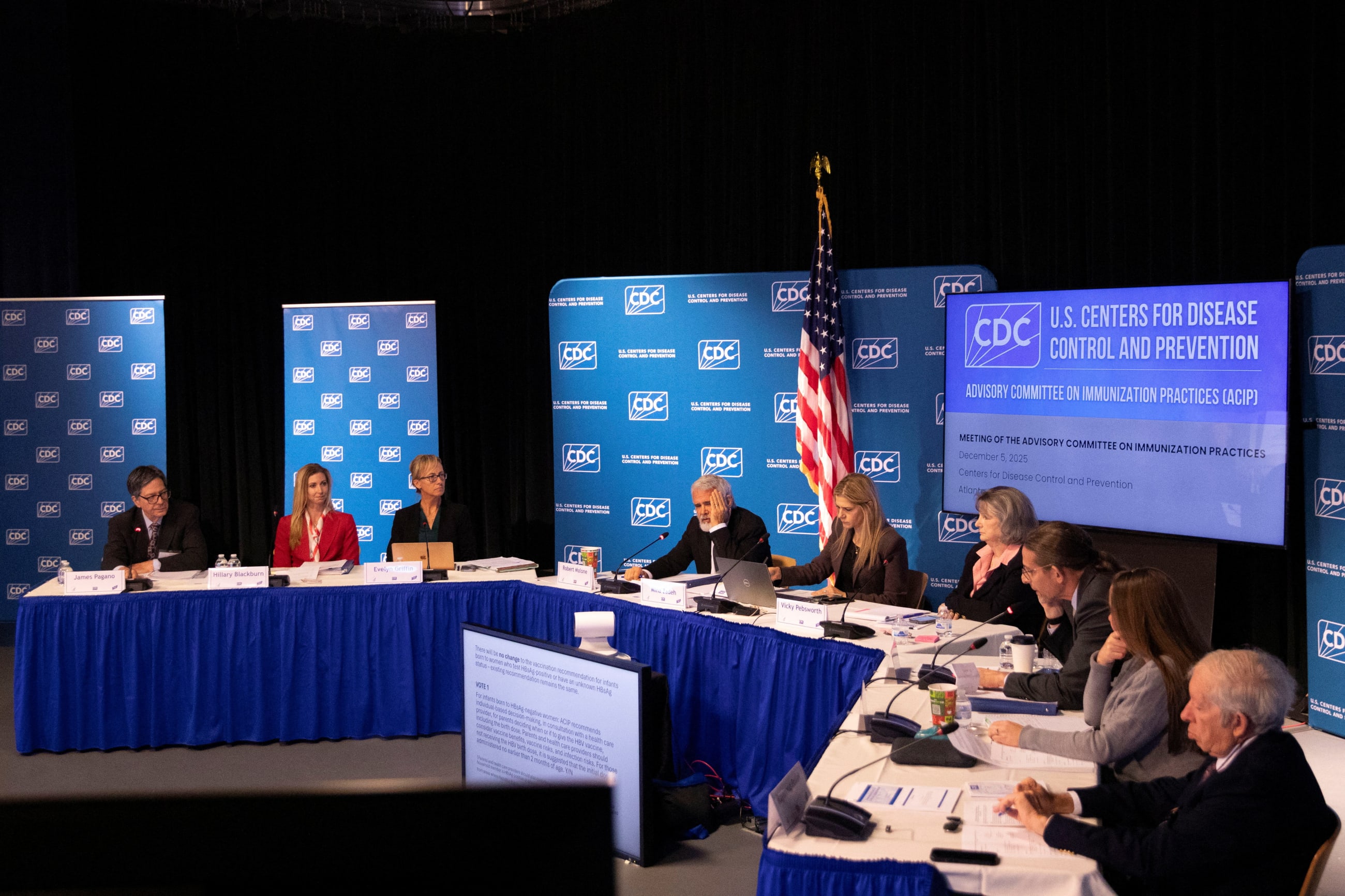 The Advisory Committee on Immunization Practices (ACIP) votes on the recommendation of the childhood hepatitis B vaccine schedule, at the Centers for Disease Control and Prevention, in Atlanta, Georgia, on December 5, 2025.