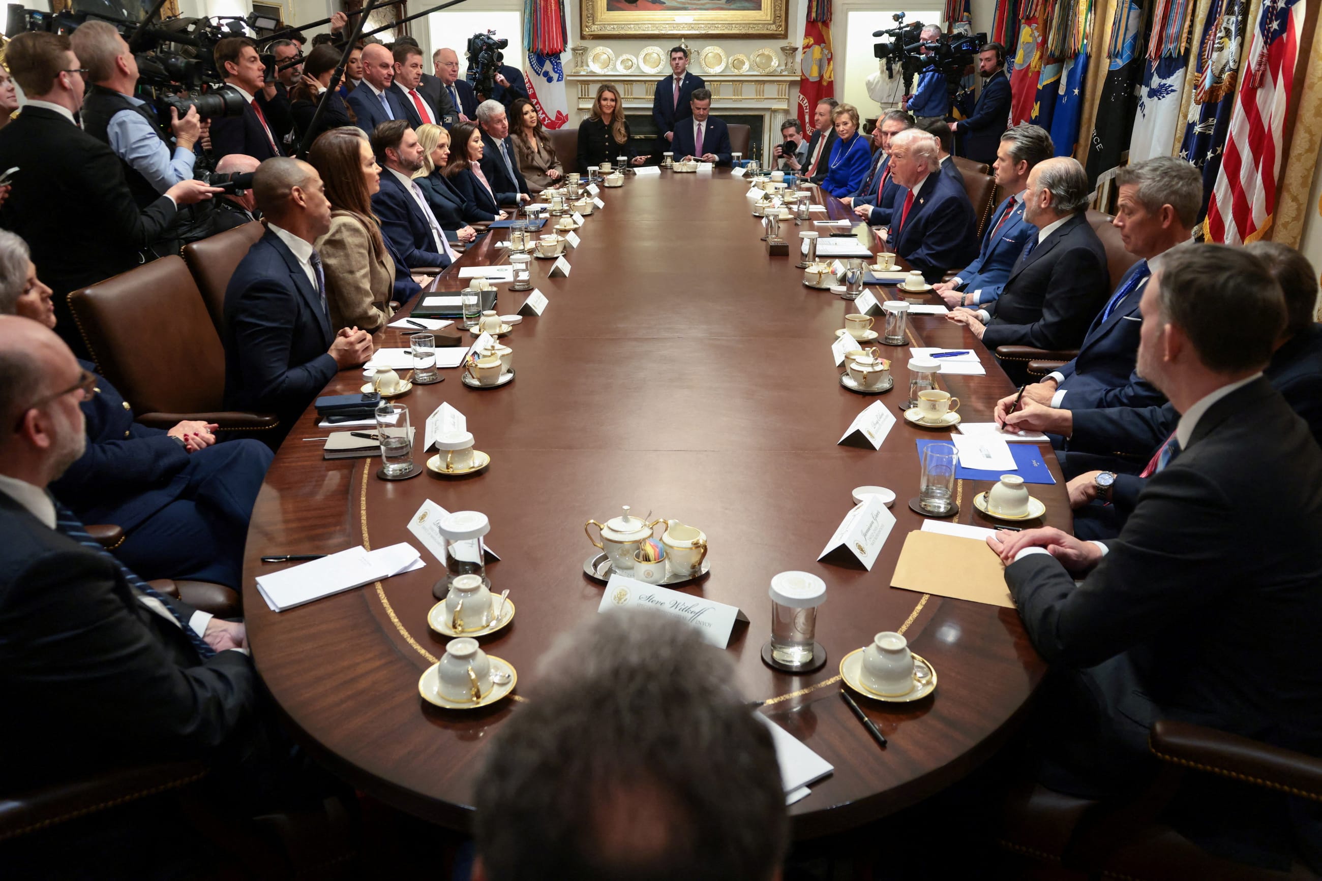 U.S. President Donald Trump and members of his administration attend a cabinet meeting at the White House, in Washington, DC, on January 29, 2026.