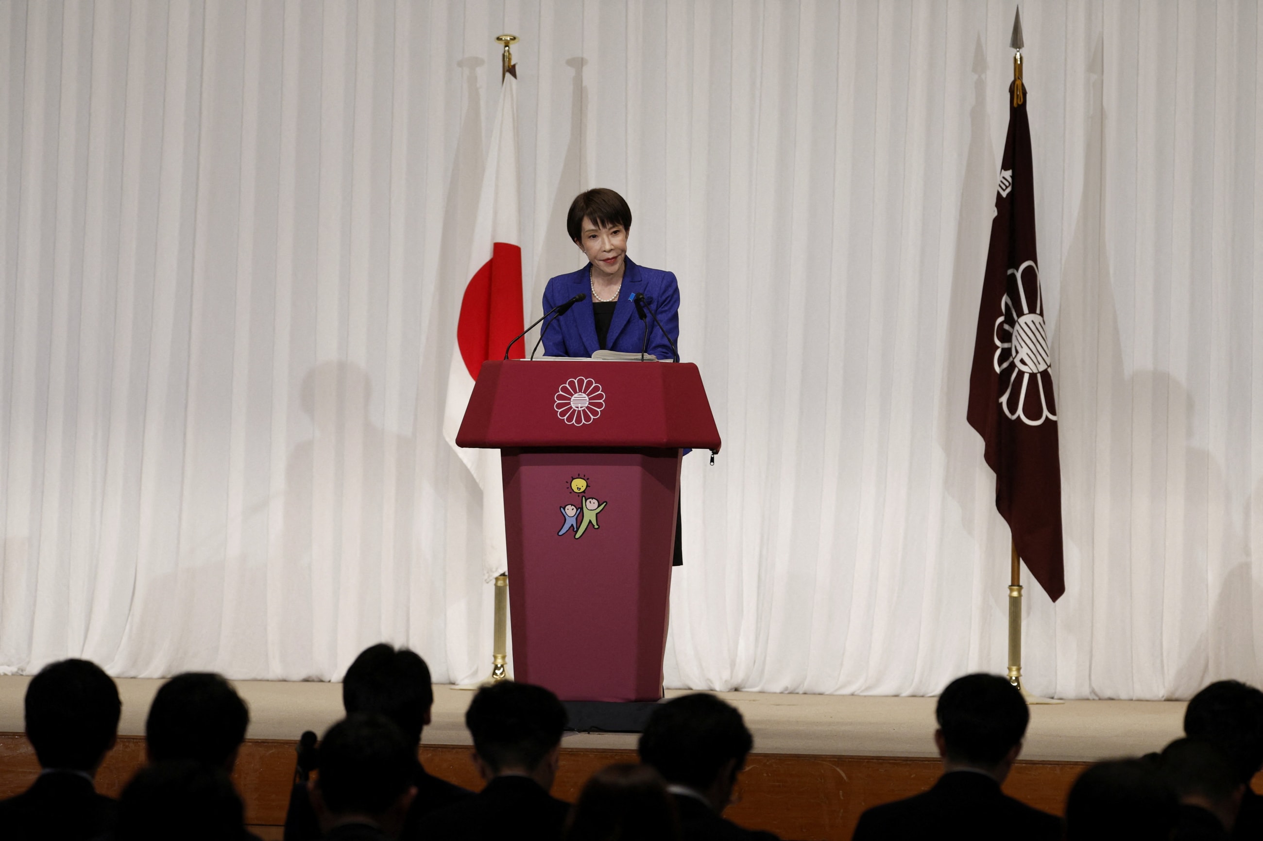 Japan's Prime Minister Sanae Takaichi, leader of the ruling Liberal Democratic Party, speaks during a press conference at the LDP headquarters in Tokyo, Japan, 09 February, 2026. Japan's ruling Liberal Democratic Party secured more than two-thirds of the seats in the House of Representatives in a historic landslide, giving Prime Minister Takaichi a strong mandate to advance her conservative policy agenda. FRANCK ROBICHON/Pool via REUTERS