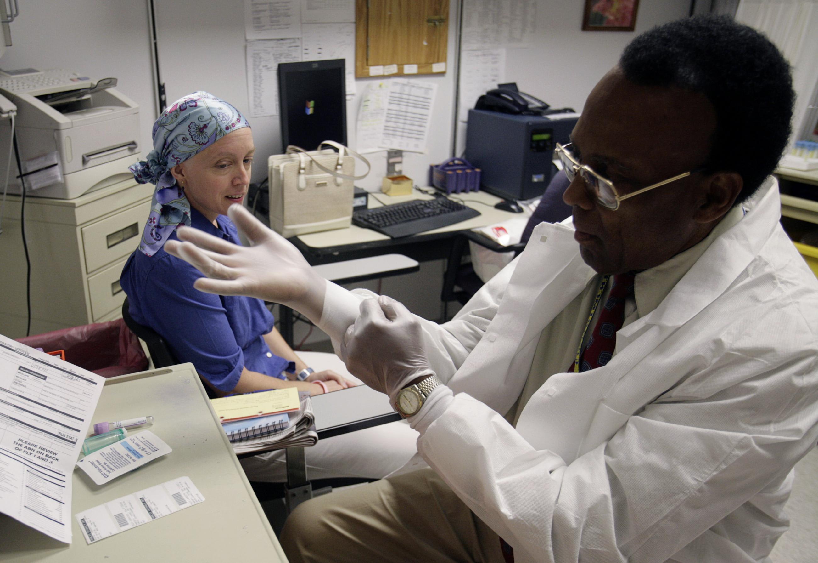 Deborah Charles, a cancer patient, is seen during a weekly test to monitor blood counts at Lombardi Cancer Center, in Washington, DC, on May 23, 2007.