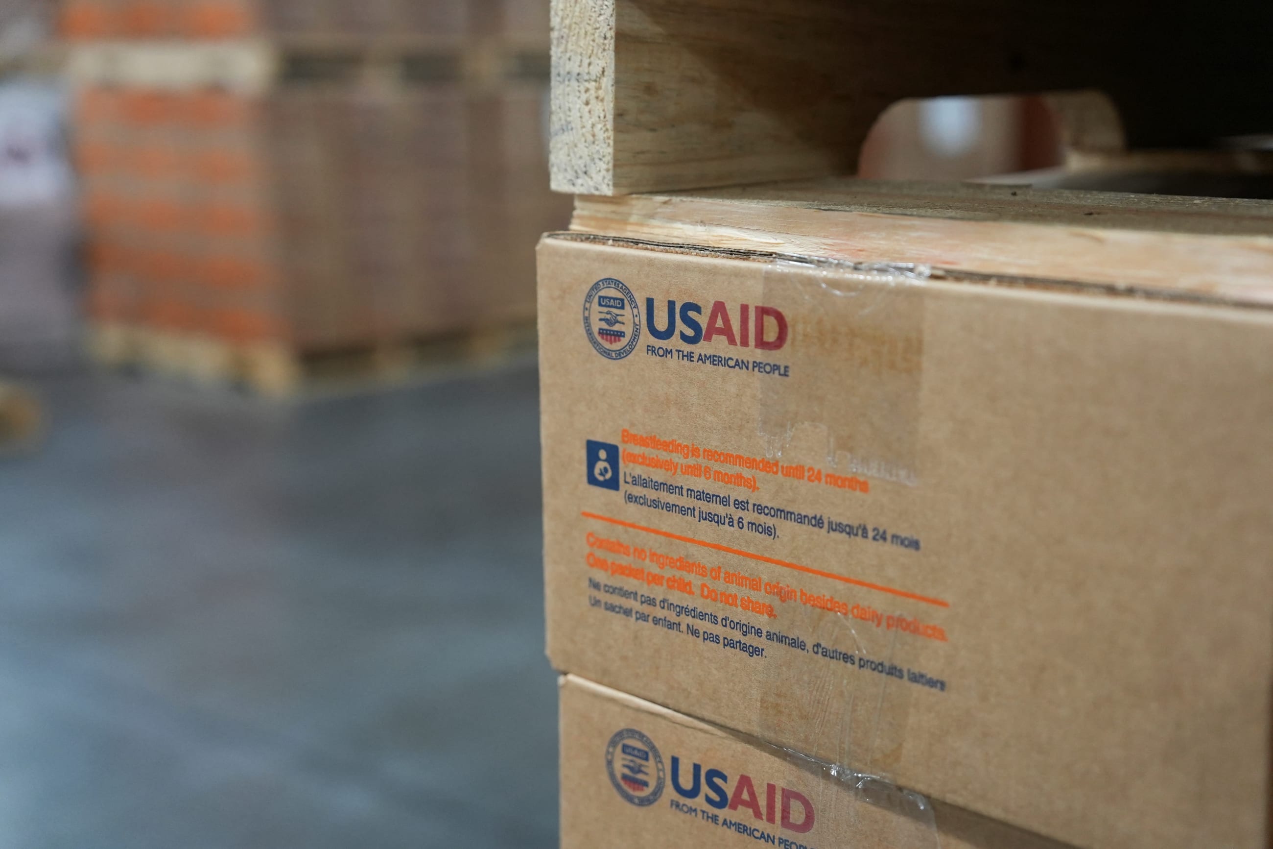A packaged box of ready-to-use therapeutic food bears the USAID logo, inside MANA Nutrition's plant, in Fitzgerald, Georgia, on May 21, 2025.